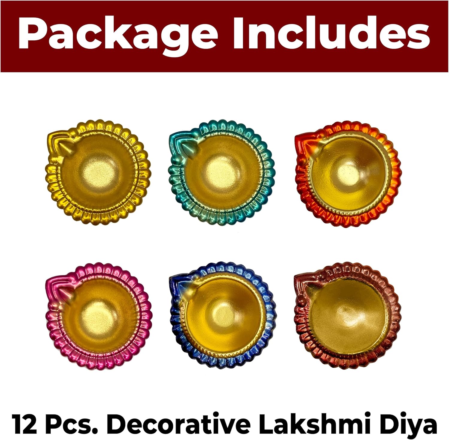 Satvik – 12 piezas de diseño de metal multicolor Lakshmi Diya para decoración de Diwali. Lámpara de aceite Dia Deepak para interiores y exteriores,