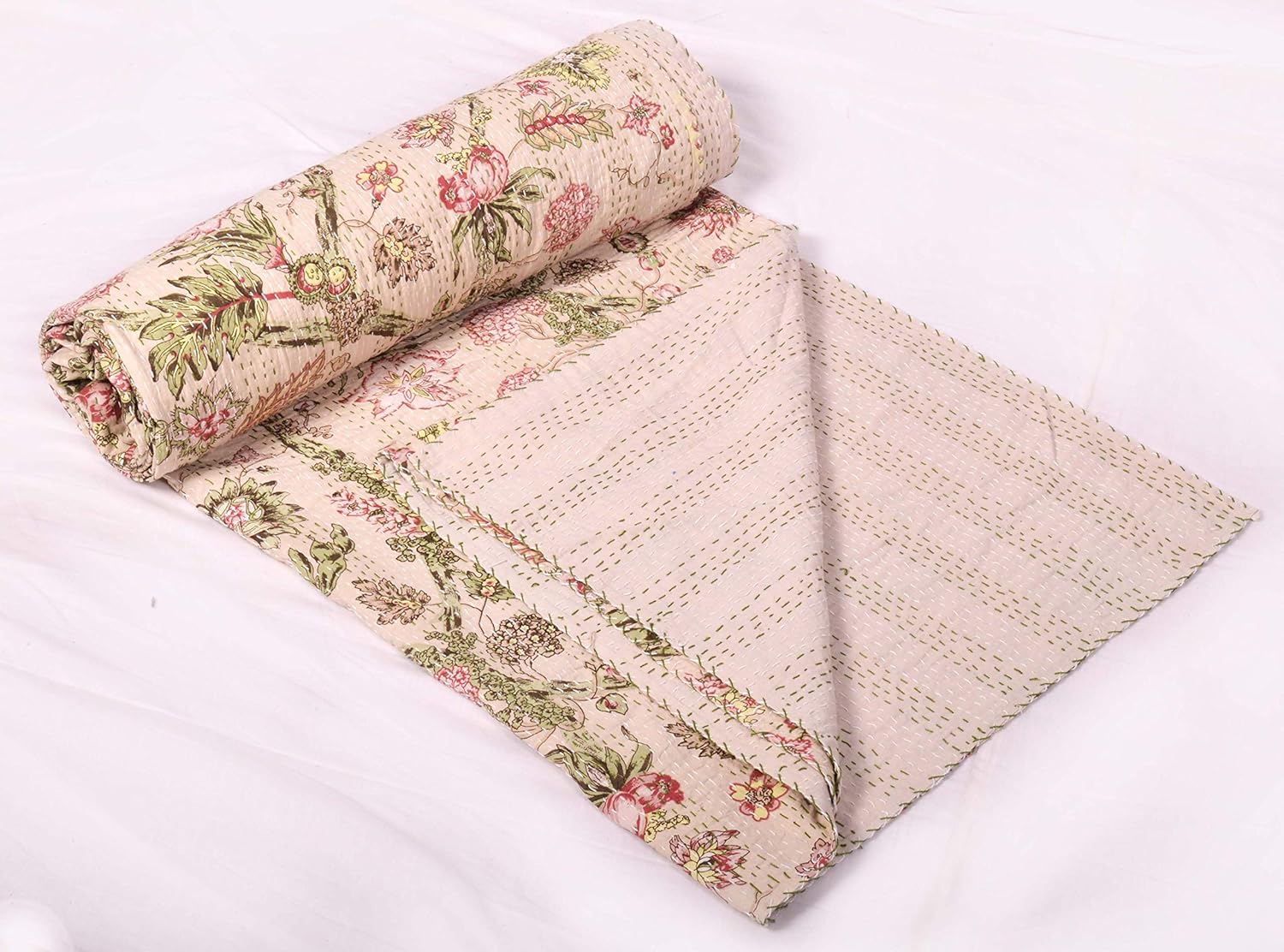 Colcha india Vintage Kantha Colcha Colcha Manta Algodón Floral Estampado Melocotón Claro Hecho A Mano Gudari Individual