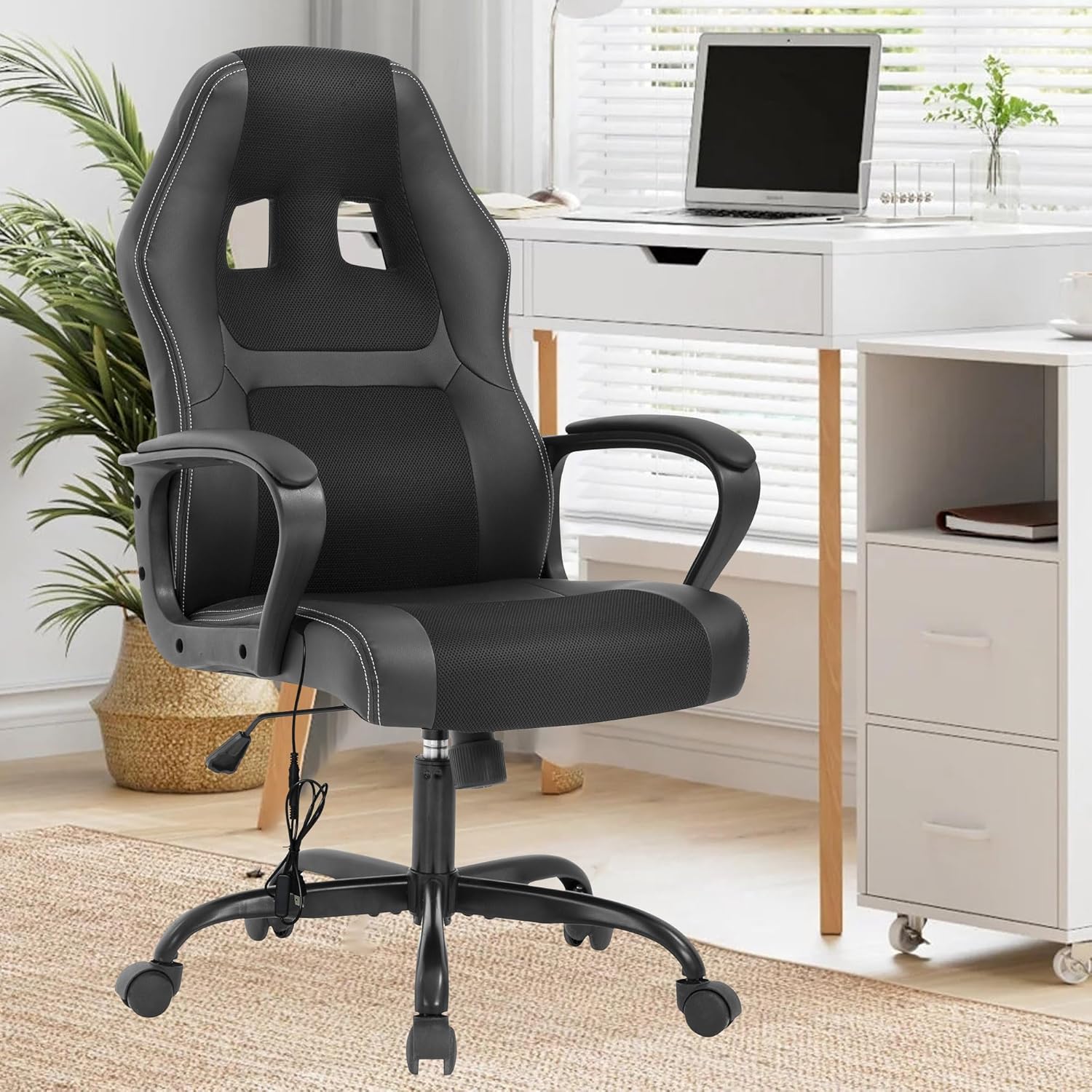 PayLessHere Silla de oficina para videojuegos, soporte ergonómico ajustable de piel sintética, silla de masaje lumbar para carreras, reposacabezas y