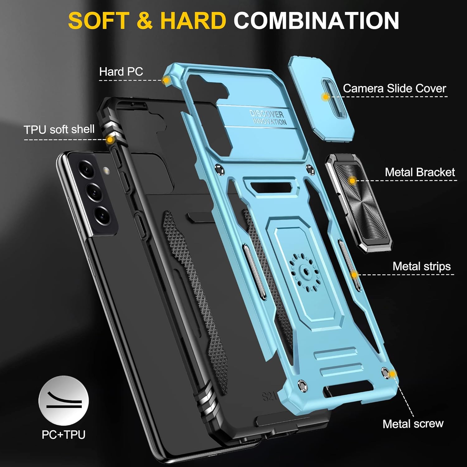 PASNEW Funda para Samsung Galaxy S21+ 5G para niño, funda de cámara y soporte magnético, carcasa militar resistente a prueba de golpes para S21