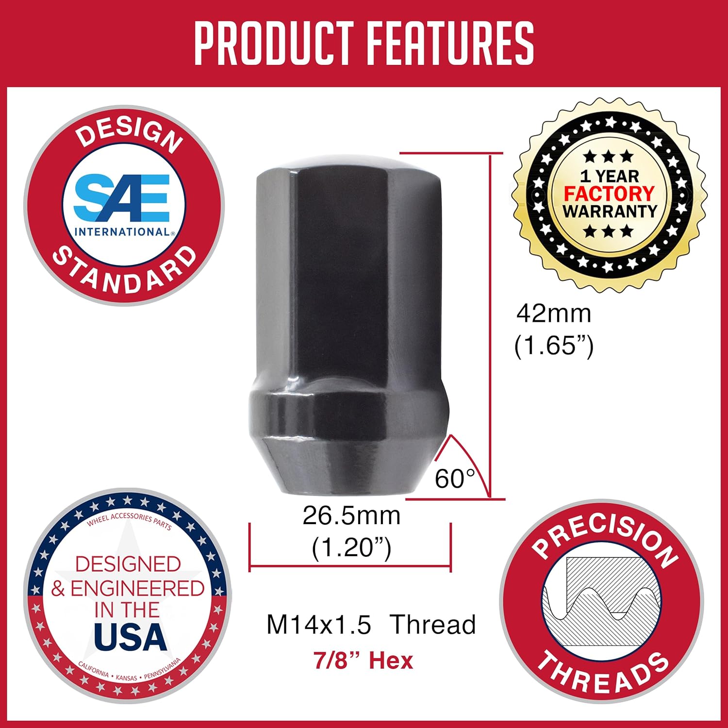 Wheel Accessories Parts Tuerca de llanta estilo OEM 32 unidades 0.551 in 1.5 negro 78 0.866 in hexagonal M14 x 1.5 para Ram 3500