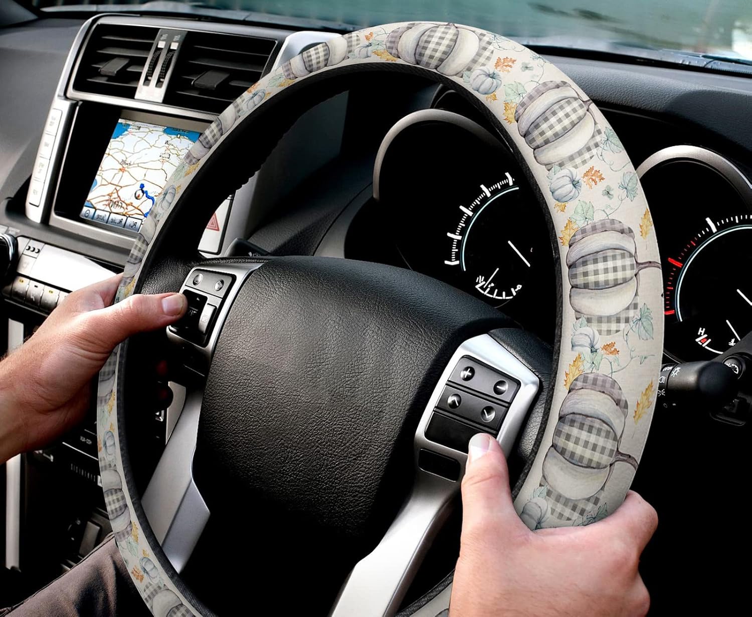 Funda para volante de automóvil, diseño de calabaza a cuadros de cosecha de Acción de Gracias, para otoño, elástica, de esponja, para autos,