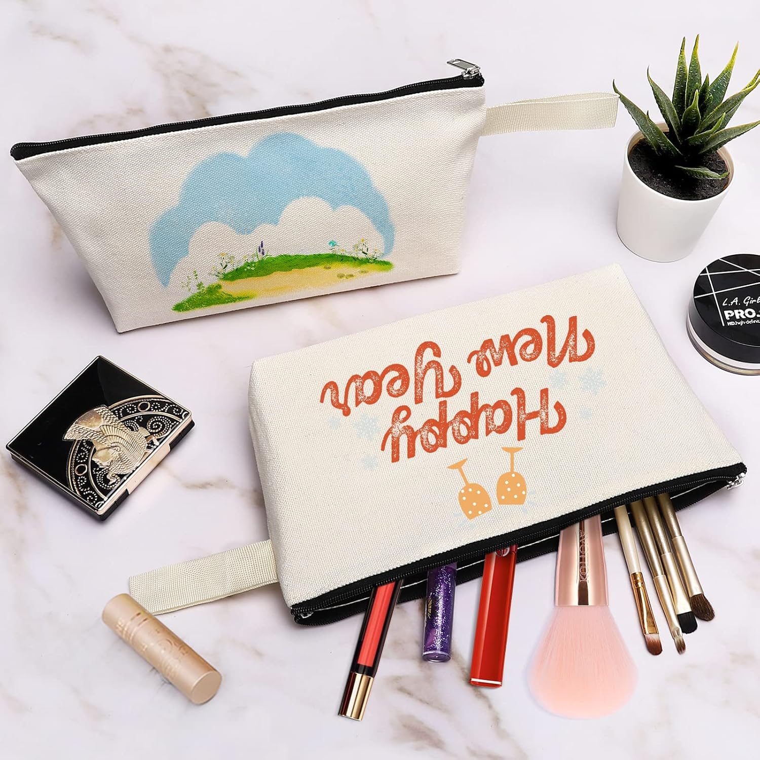 10 bolsas de maquillaje de lona de algodón con parte inferior y correa, bolsa de cosméticos multiusos con cremallera, bolsa de aseo de viaje, bolsa