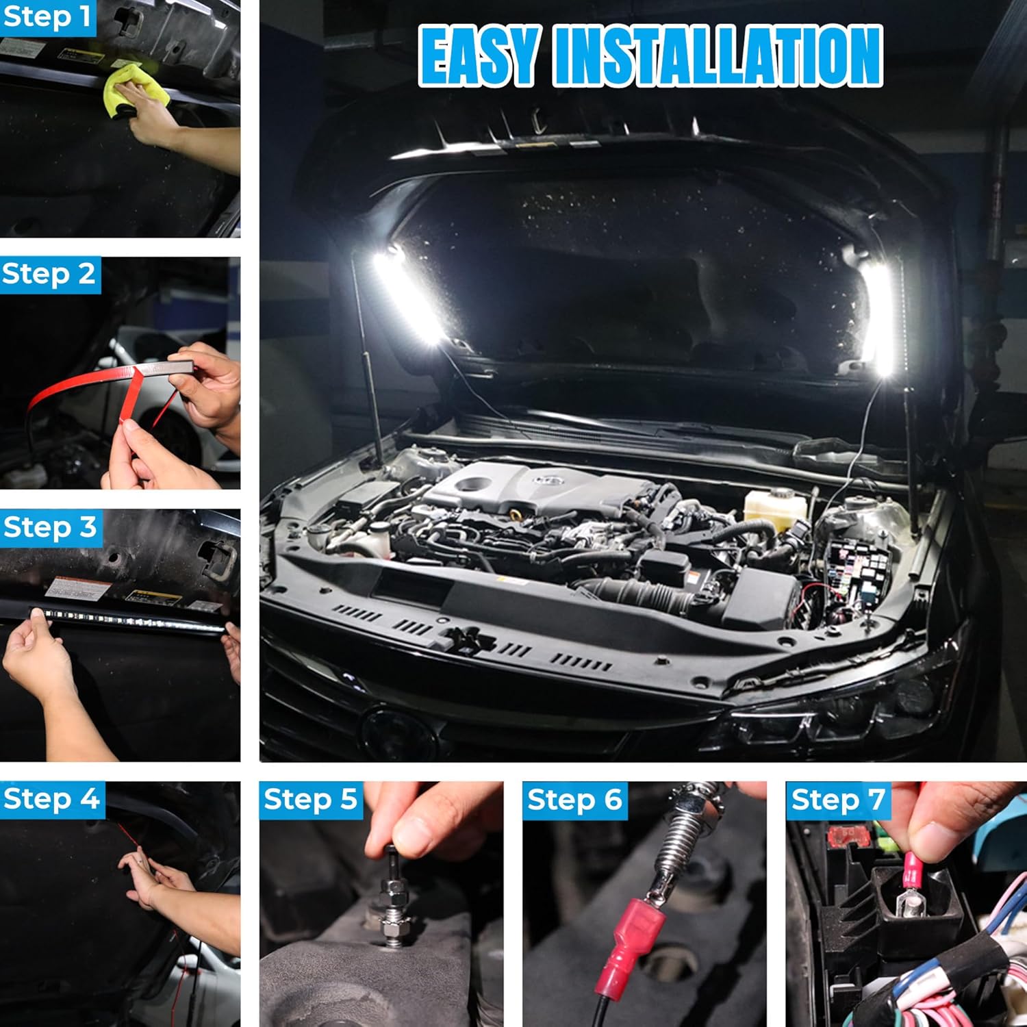 GreceYou Kit de luz LED 2 en 1 debajo del capó, barra de luz LED impermeable de 12 V para automóvil, luces de trabajo bajo el capó con