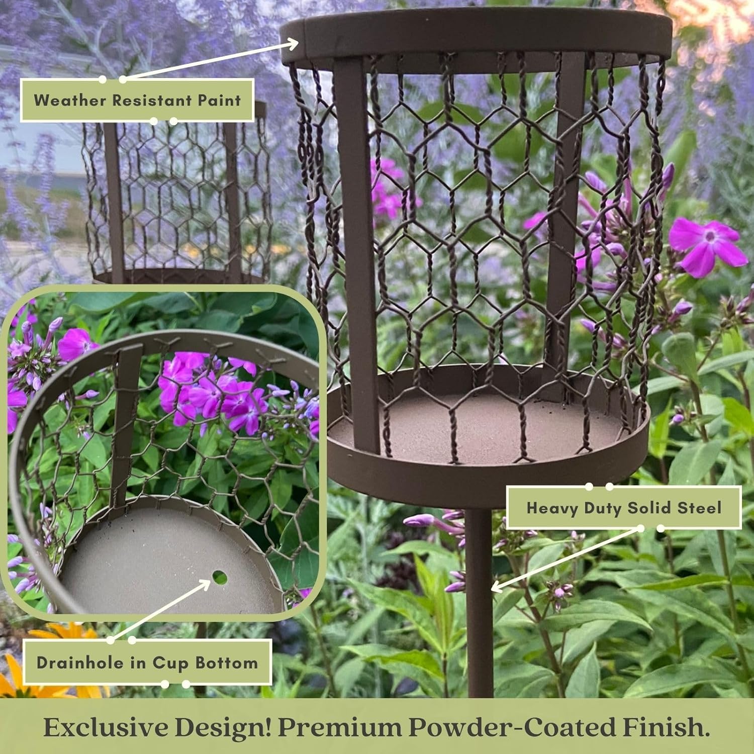 Clovers Garden Estacas de metal marrón para exteriores (juego de 2)  Estacas resistentes para patio y jardín para velas, botellas, macetas  Uso al