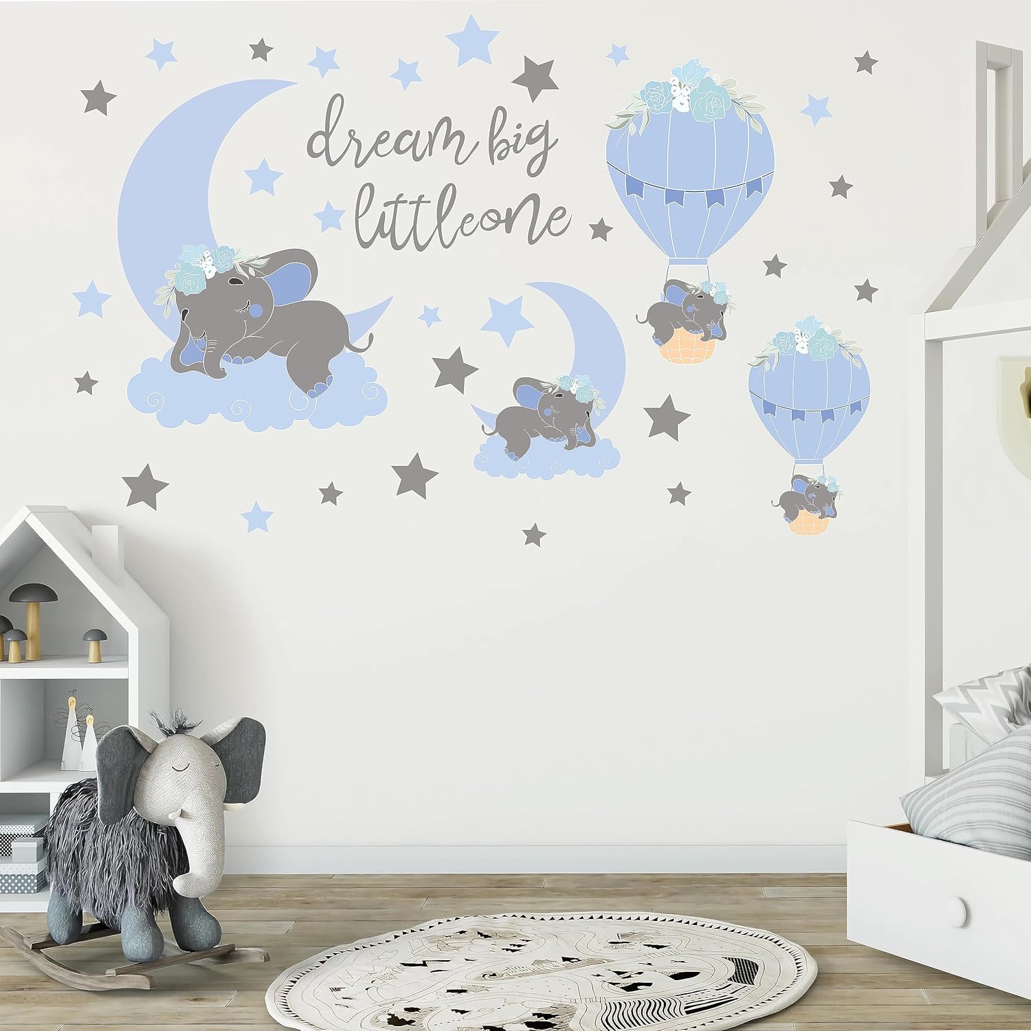TALLSOCNE Calcomanías de pared Dream Big Little One Elefante, decoración de habitación de bebé, luna azul, globo aerostático, estrellas grises,