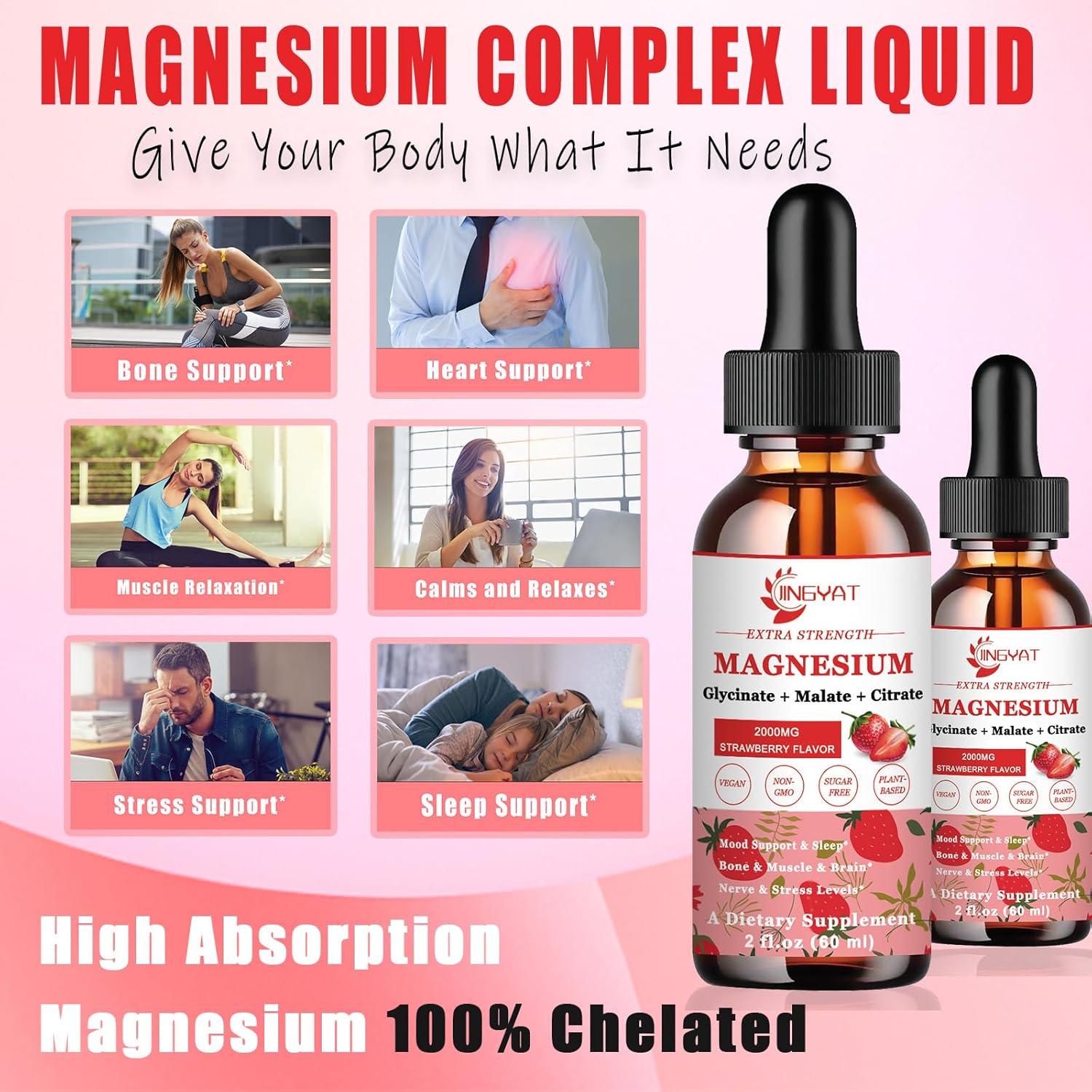 2000 mg de glicinato de magnesio, malato y citrato, absorción de alta potencia, suplemento líquido de triple complejo de magnesio, con Coq10, zinc,