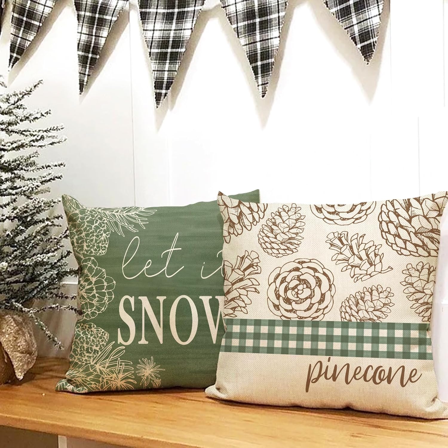 Hello Winter – Juego de 4 fundas de cojín decorativas de cono de pino de 20 x 20 pulgadas, Let It Snow con hojas de pino verde, búfalo a cuadros,