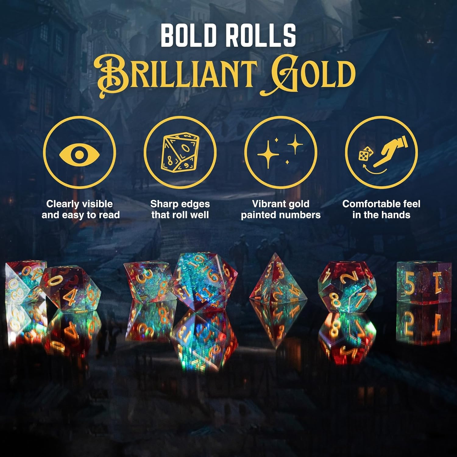 DND – Juego de 7 dados poliédricos de resina de borde afilado para Calabozos y Dragones con bolsa de dados, bandeja de dados y calcomanías (Primal