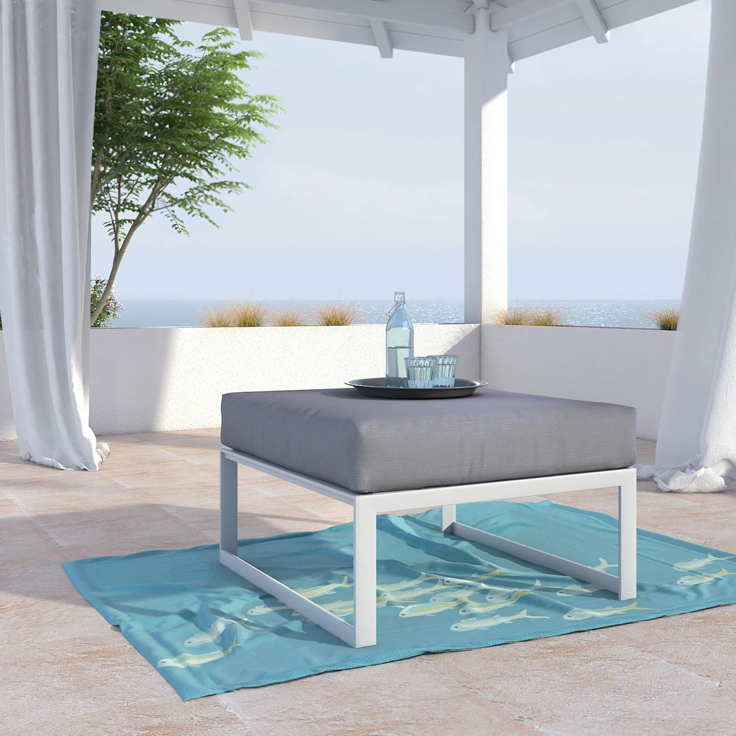 Elle Decor Modern Mirabelle – Colección de muebles modulares para patio al aire libre, marco blanco u dorado, otomano, blanco
