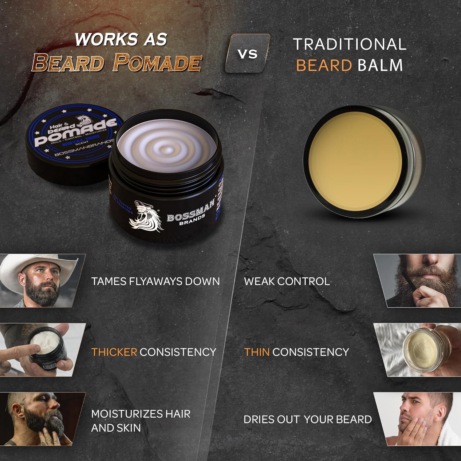 Bossman Pomada para cabello y barba, hidratante con mayor sujeción y control, producto para peinar cabello, barba y bigote para hombre, fabricado en