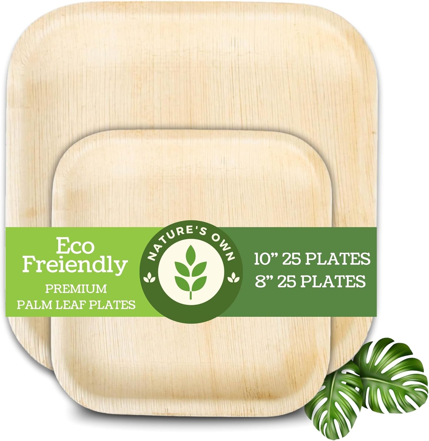 Nature’s Own Paquete de platos de hoja de palmera, 50 unidades (combo de 10 y 8 pulgadas)  Plato cuadrado desechable  Vajilla compostable, ecológica