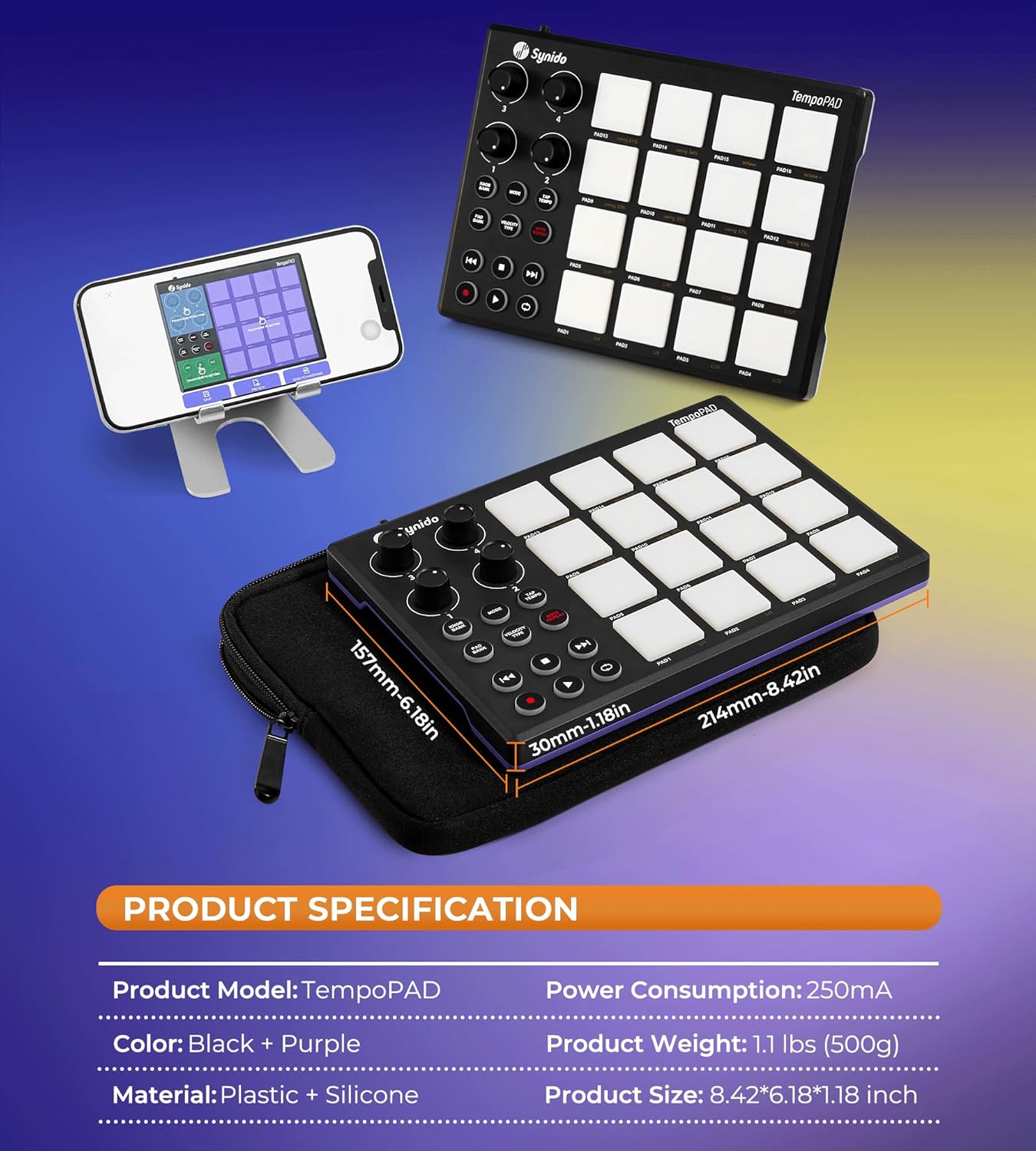 TempoPAD – Controlador de almohadilla MIDI para producción musical, almohadilla portátil USB MIDI Beat Pad para principiantes con bolsa de