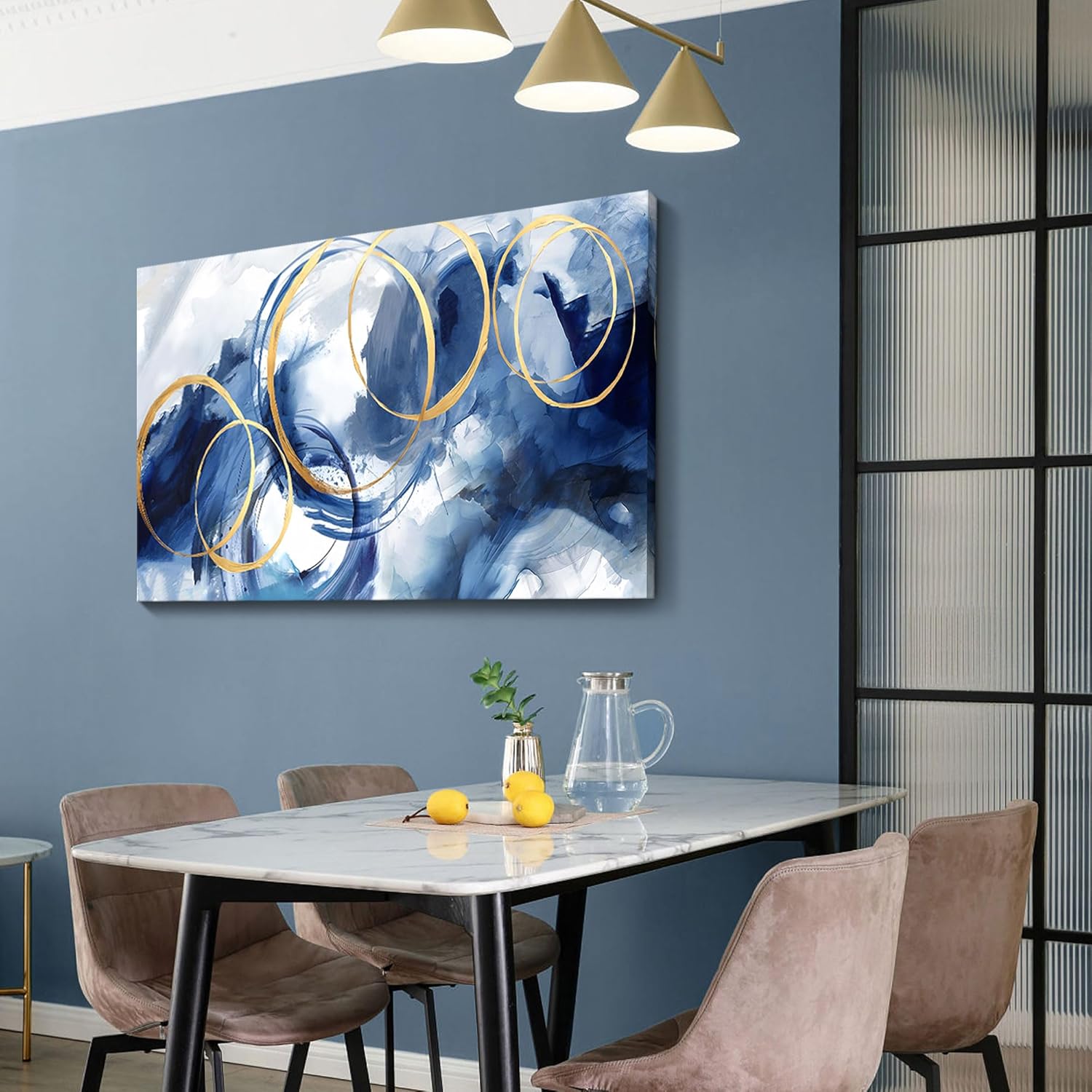 AJAZIKO Arte abstracto para pared, arte moderno azul, para decoración de pared, sala de estar, enorme lienzo de pared, cuadros de oficina, para