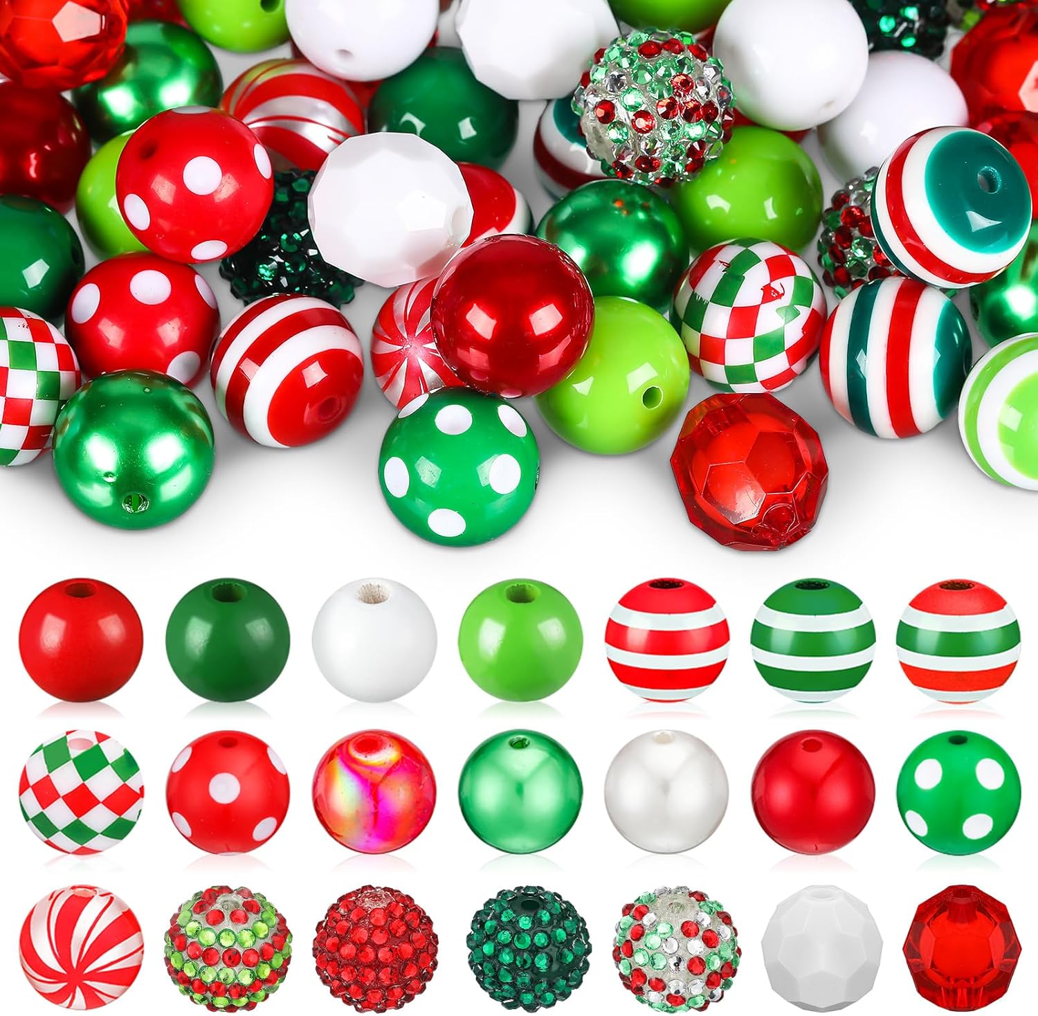 Poen Juego de 100 cuentas de Navidad de 0.78 pulgadas (0.787 in) con cuentas mixtas de Navidad para hacer joyas, cuentas gruesas de color rojo,