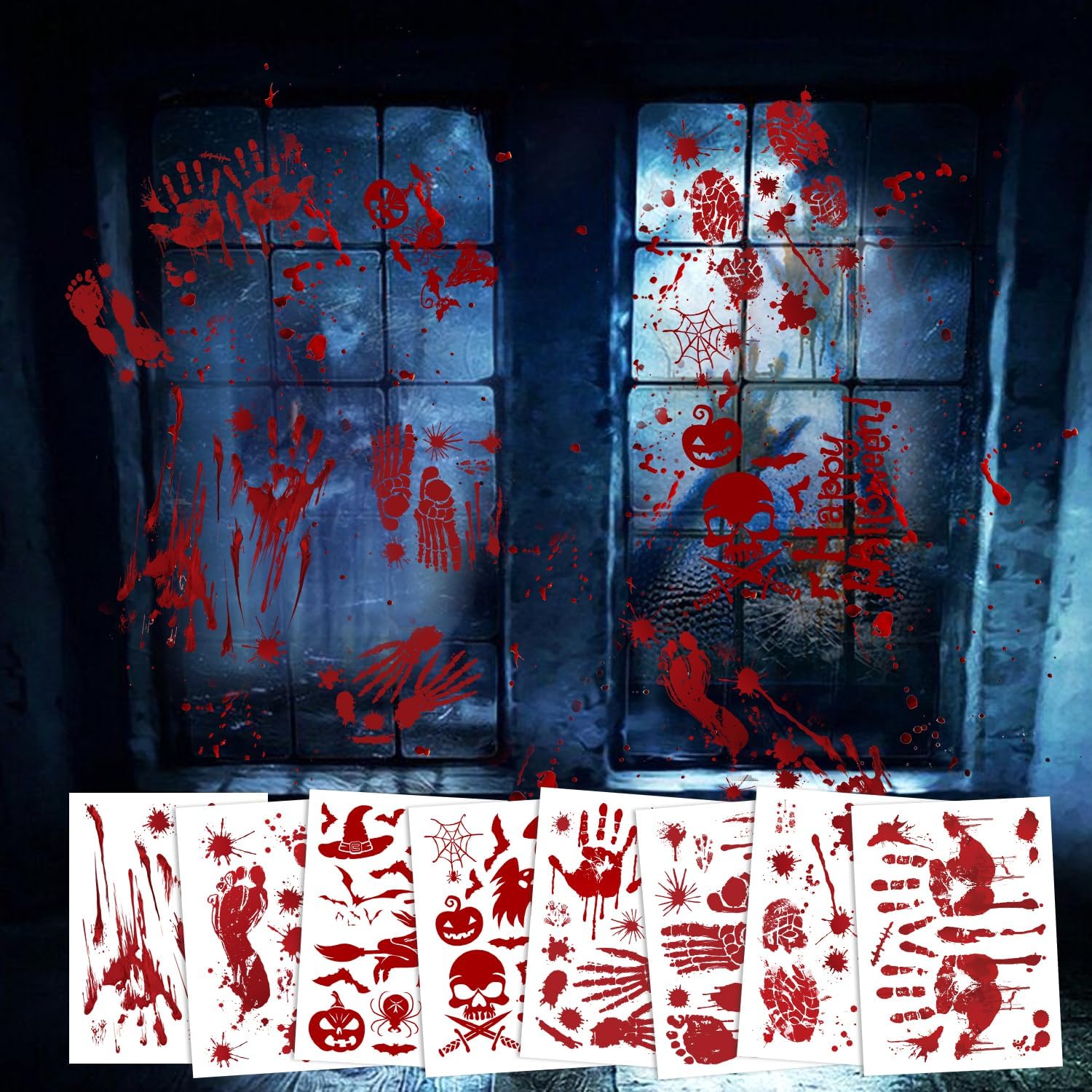 Decoraciones de Halloween, 8 hojas95 piezas de huellas de manos sangrientas de Halloween, calcomanías de pared para el suelo, huellas de terror para