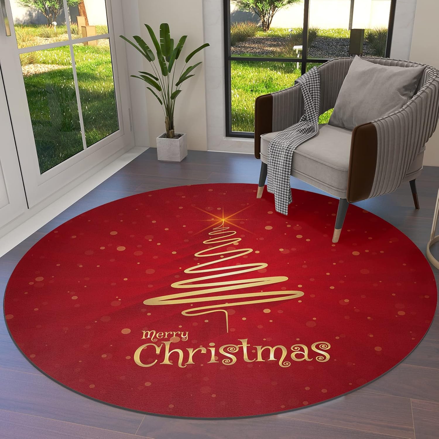 Alfombra redonda con diseño de árbol de Navidad, 4 pies, color rojo y dorado, alfombra circular antideslizante, lavable, para niños, sala de estar,