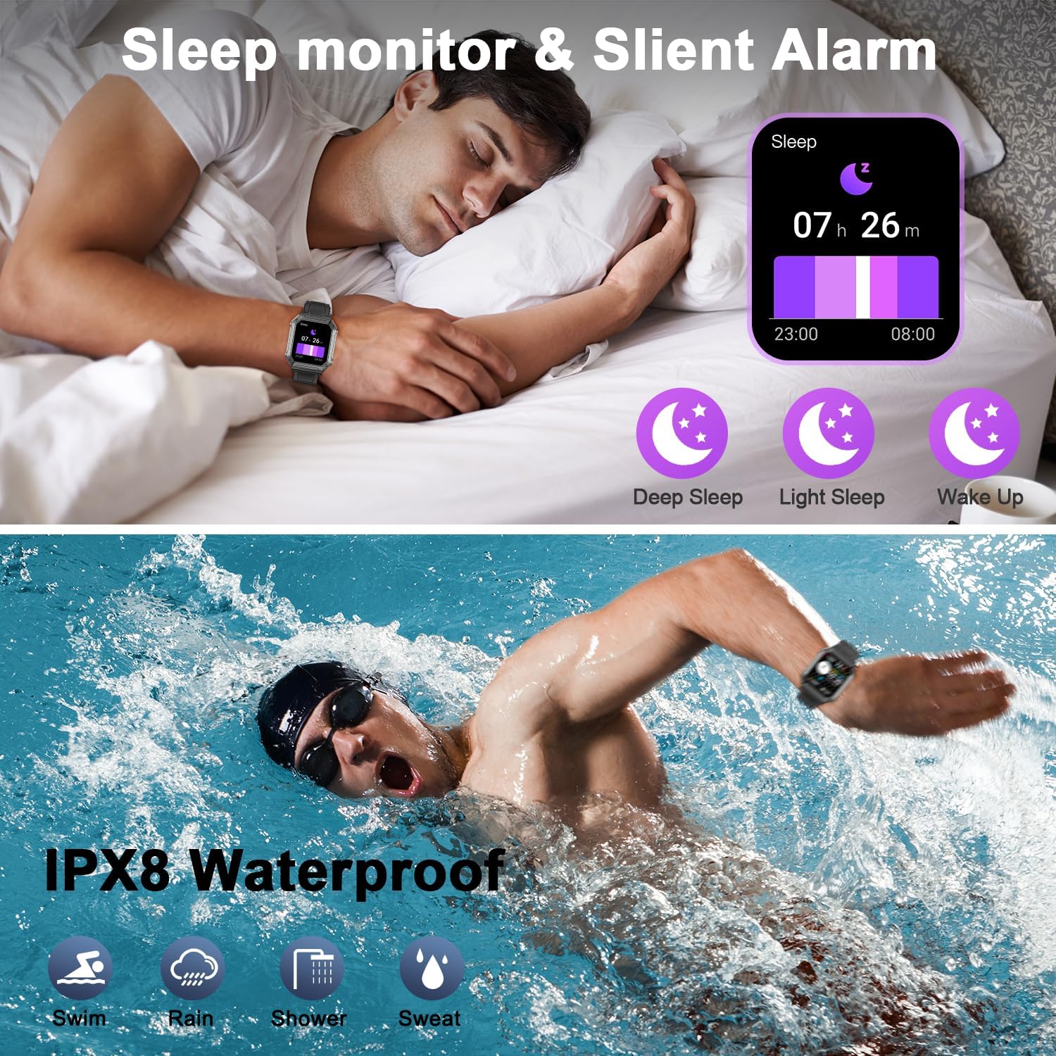 Reloj inteligente para hombre, rastreador de ejercicios (llamadarespuesta de llamadas) Bluetooth Militar Smartwatch para teléfonos Android, iPhone,