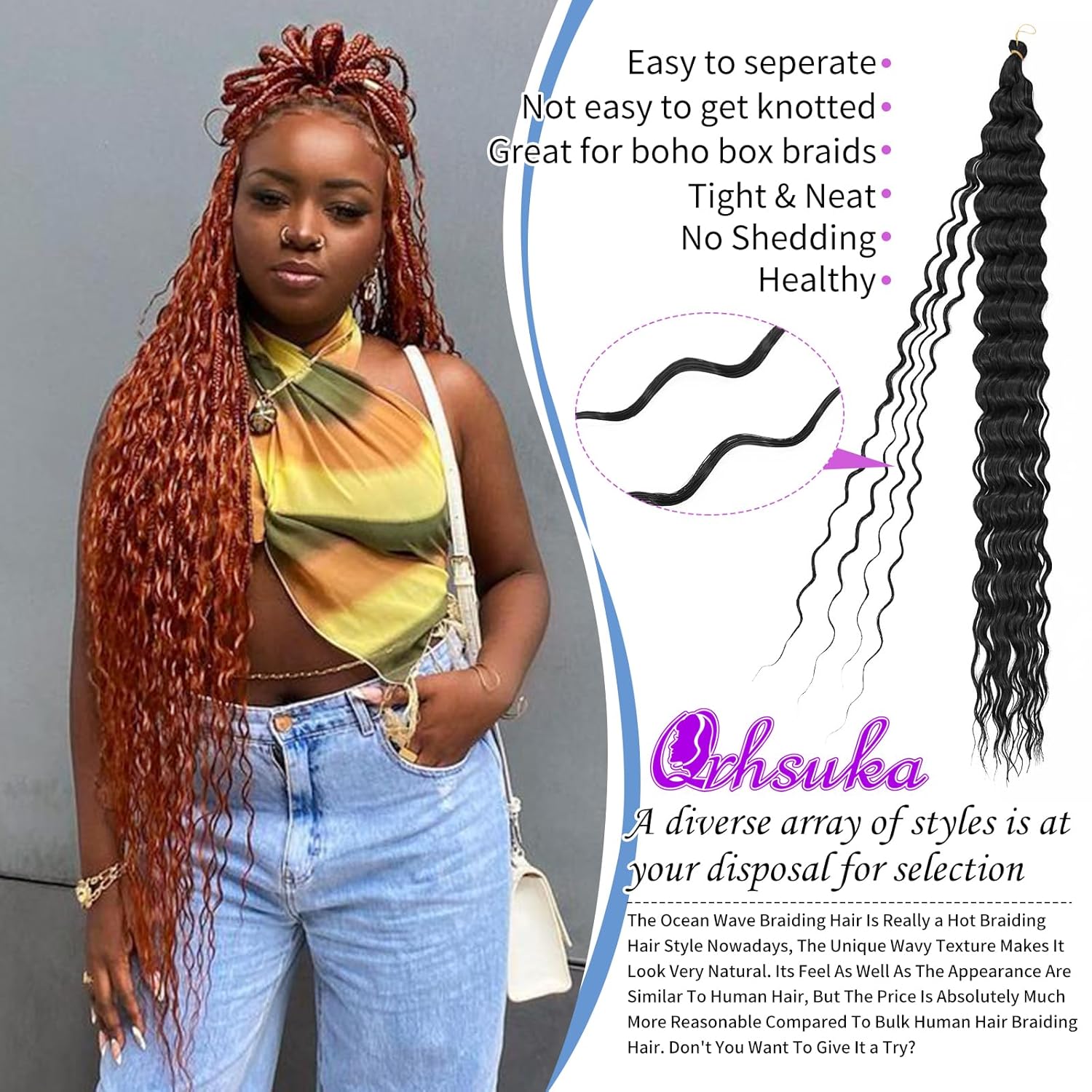 QRHSUKA Cabello ondulado de ganchillo Ocean Wave de 30 pulgadas, 7 paquetes de cabello rizado rizado jengibre para mujeres negras, trenzado de
