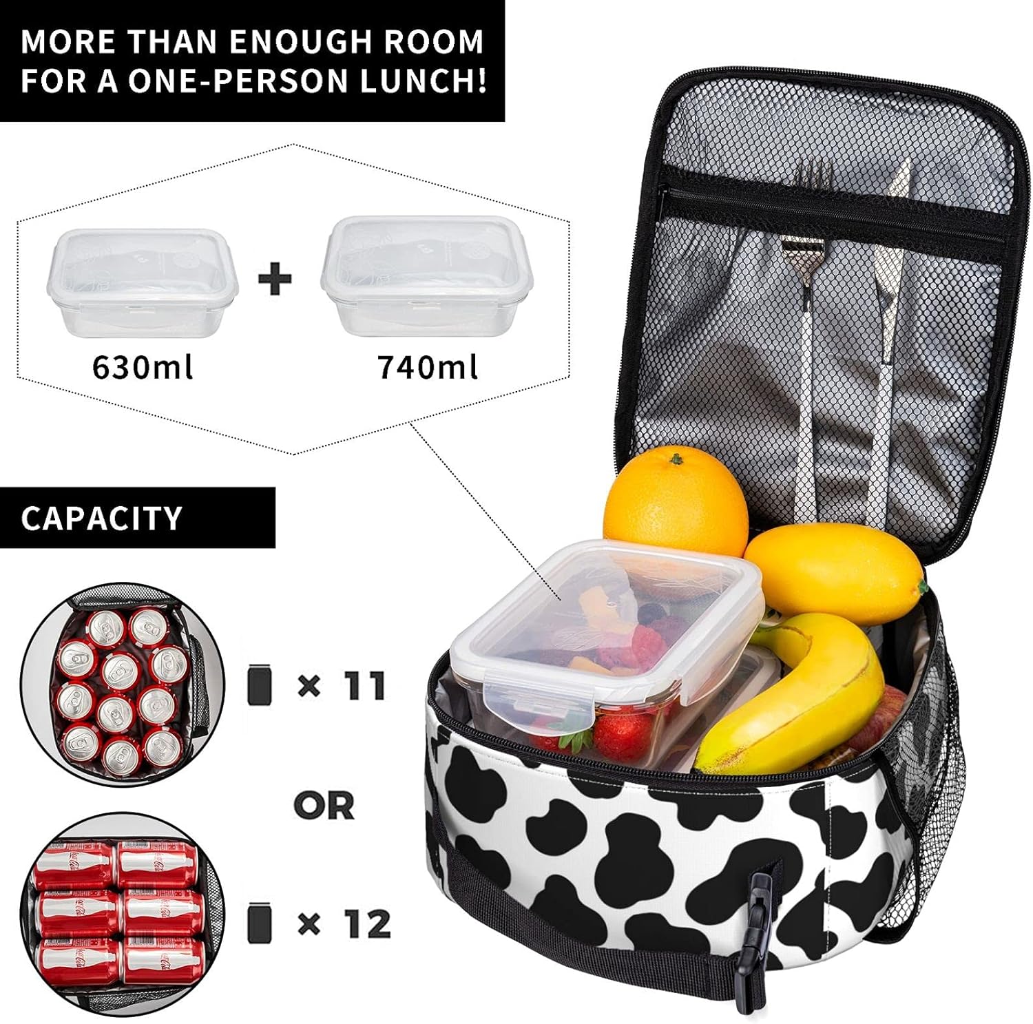 Lonchera aislada para hombres y mujeres, bolsa de almuerzo portátil y reutilizable para trabajo de oficina y picnic, estampado de vaca