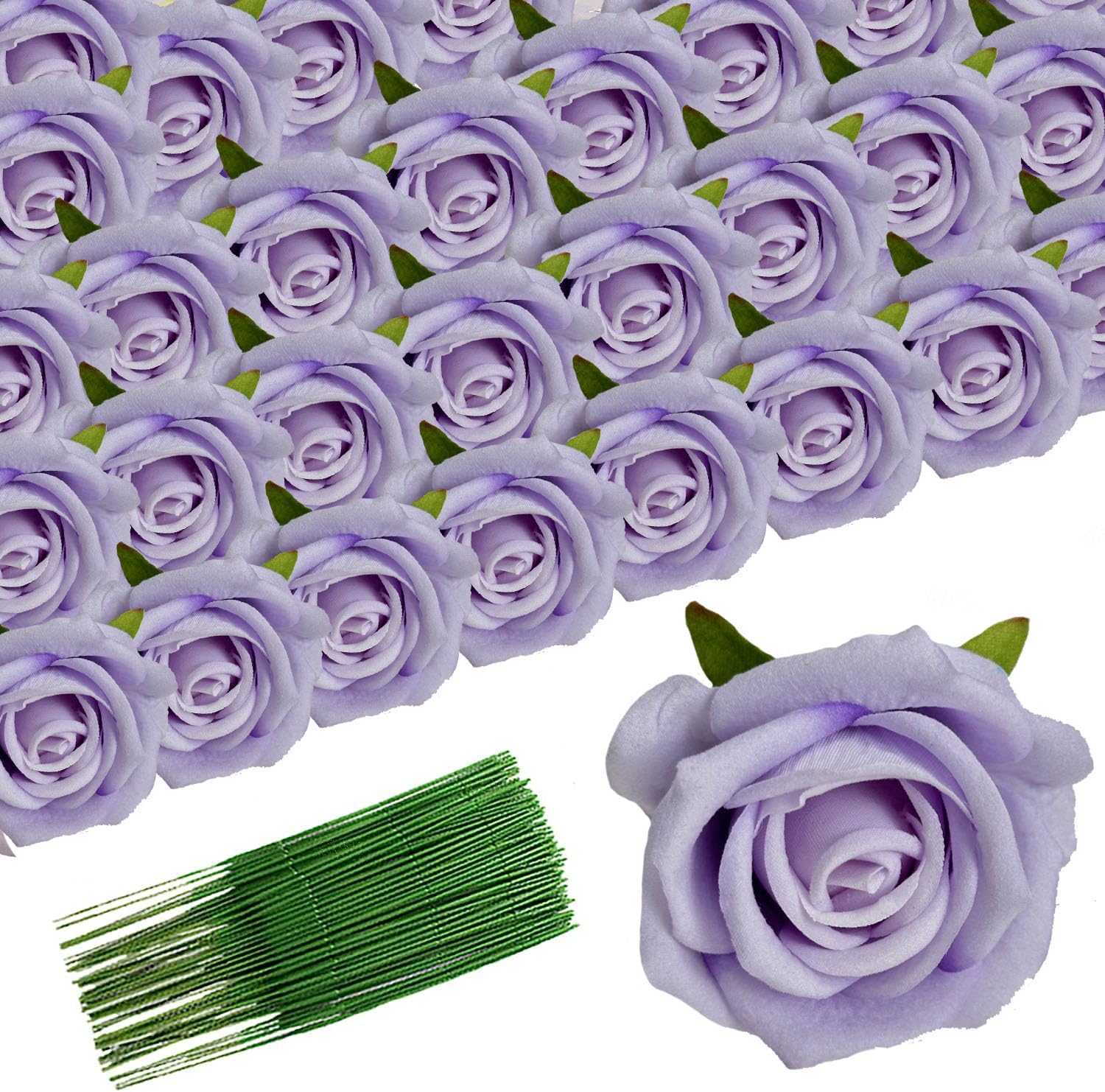 30 piezas de rosas artificiales de seda con cabezas y tallos de rosas artificiales para decoración del hogar y boda (morado claro)