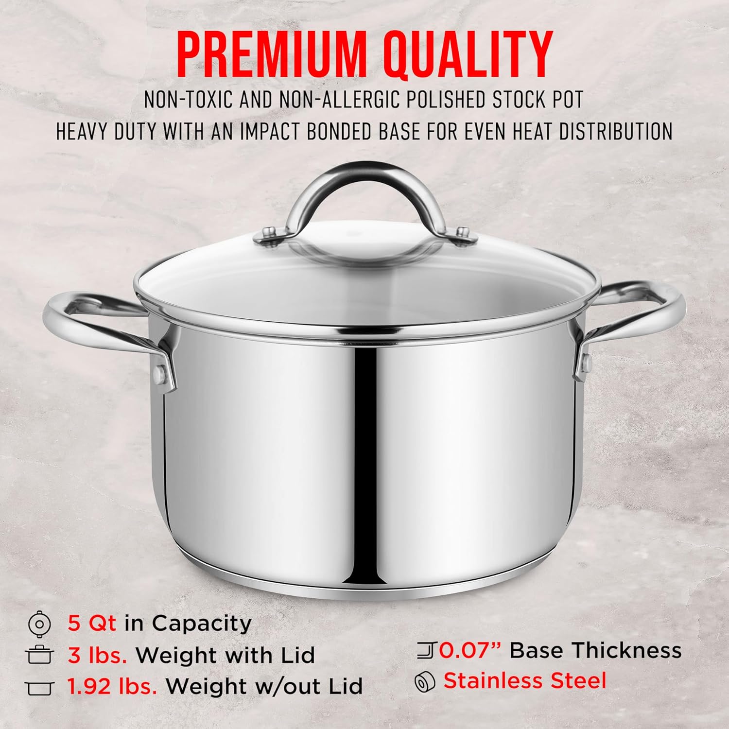 Bakken-Swiss Deluxe – Olla de acero inoxidable de 5 cuartos de galón con tapa transparente de vidrio templado, deliciosas sopas, guisos y cocción