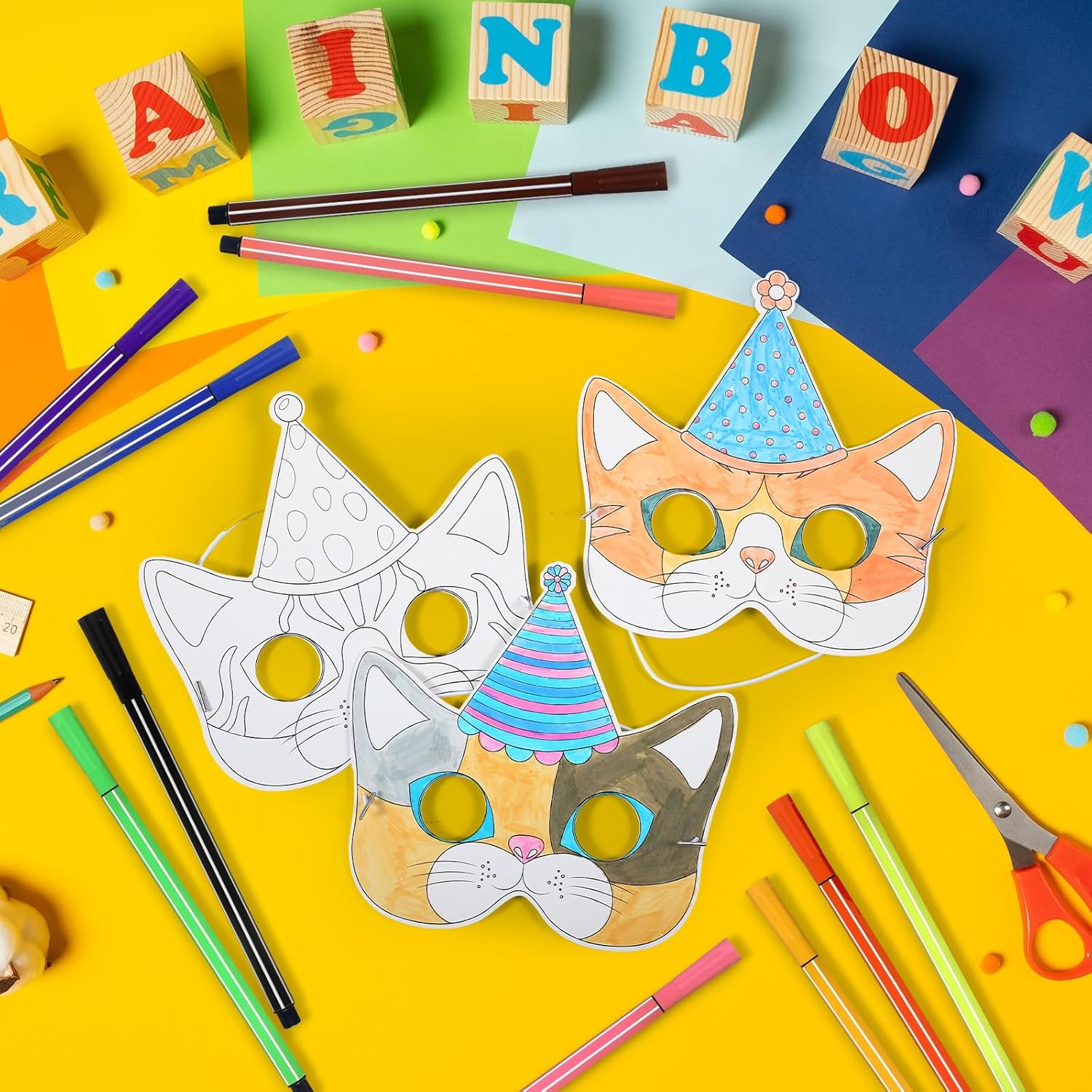 Juego de 16 máscaras de animales DIY, máscara para colorear de gato, máscara de fiesta de gato con 24 piezas de bolígrafo de acuarela, máscara en