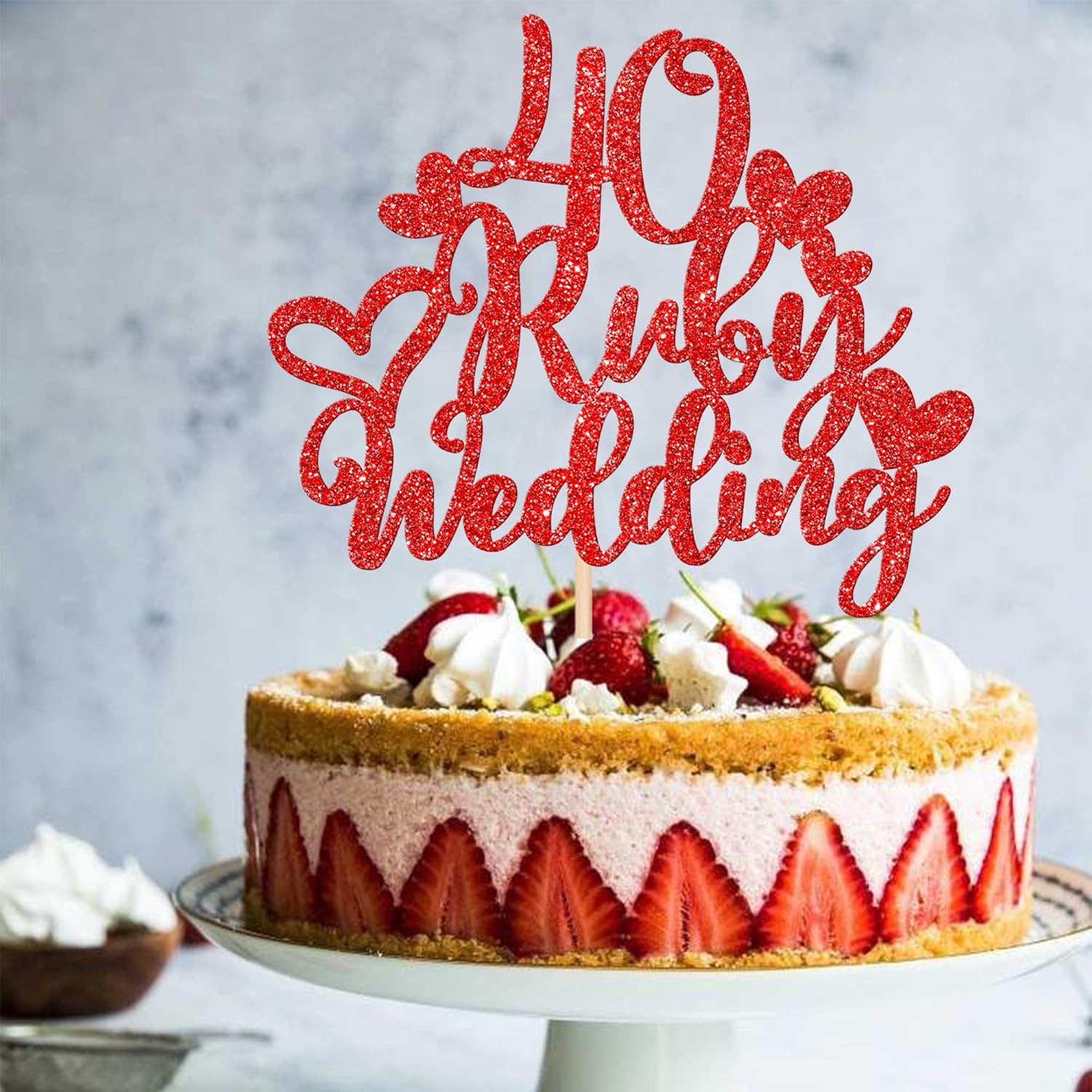1 pieza de decoración de pastel de boda de 40 rubíes con corazón rojo con purpurina roja para 40 aniversario de boda, decoración de pastel de