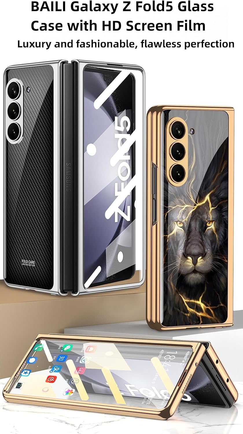 BAILI Funda para Galaxy Z Fold5, funda de vidrio Z Fold 5, funda protectora de vidrio templado ultrafina 9H Fold5, cubierta trasera de pintura de
