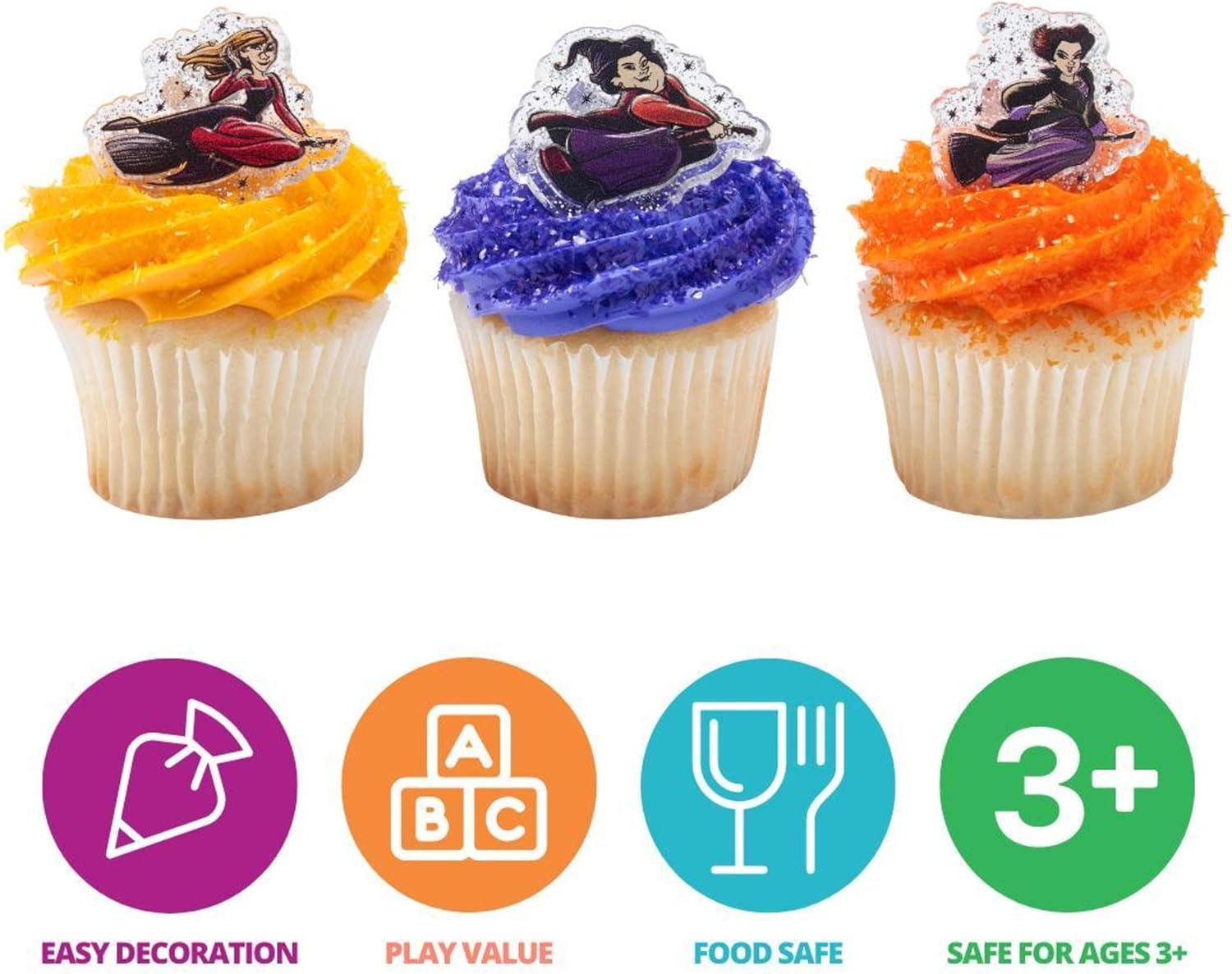 DecoPac Disney Hocus Pocus Forever Bewitching Anillos, decoraciones de cupcakes con las hermanas Sanderson en vuelo, 3 diseños, adornos para tartas