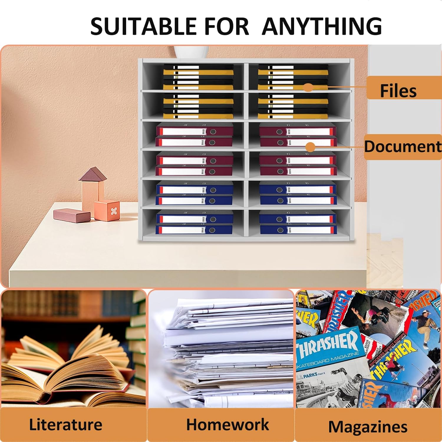 LOYALHEARTDY Organizador de literatura, 12 compartimentos para almacenamiento de papel, organizador de correo, 19.3 x 12 x 16 pulgadas, clasificador