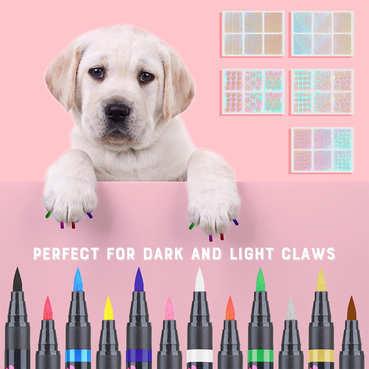 Jim&Gloria Juego de esmaltes de uñas para perro, 12 colores + plantillas, color dorado y plateado, uñas oscuras o claras, sin olor, secado rápido,
