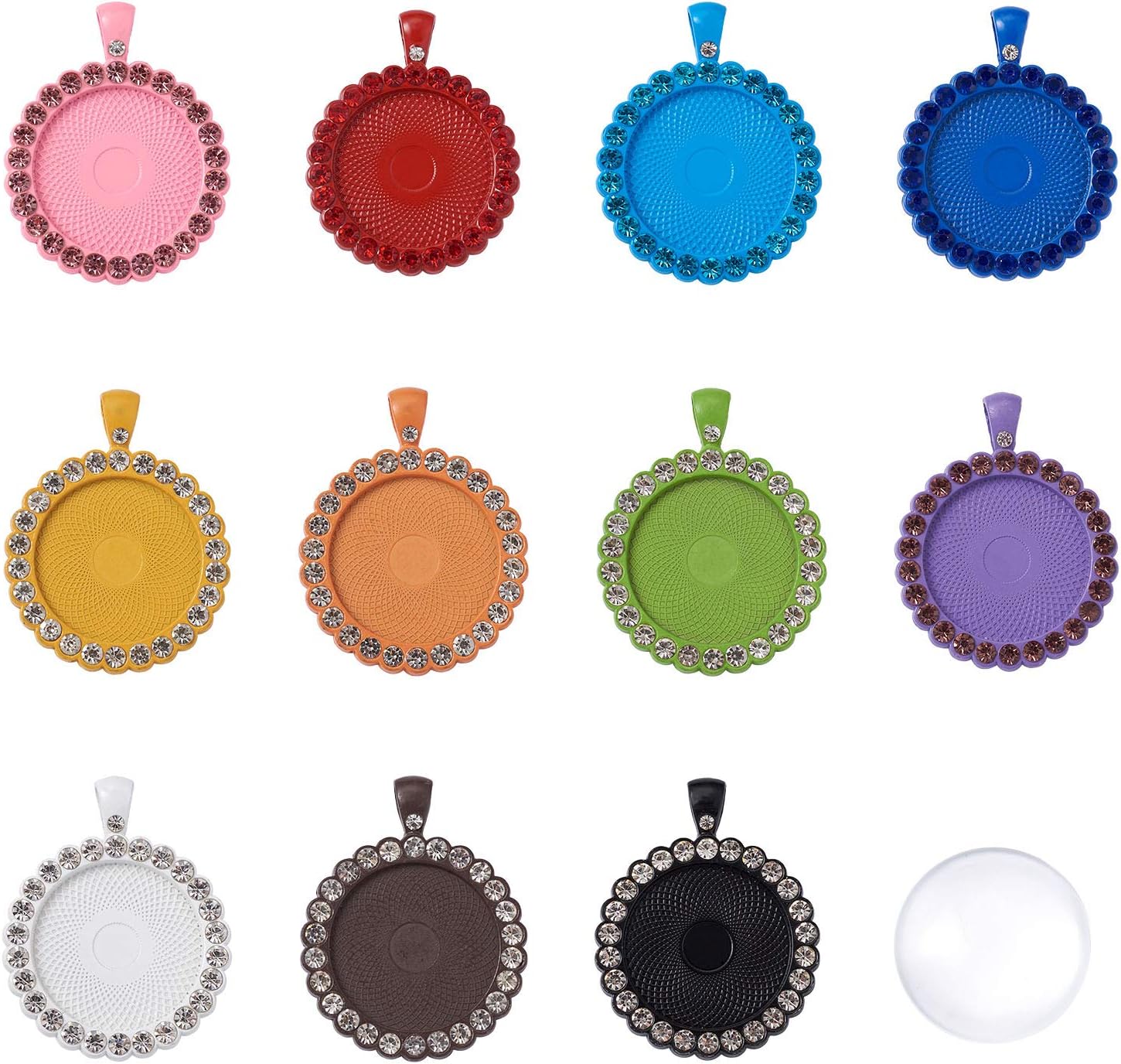 Craftdady 22 bandejas colgantes de bisel de diamantes de imitación de 0.984 in con base de camafeo redonda, dijes en blanco con cabujones de vidrio