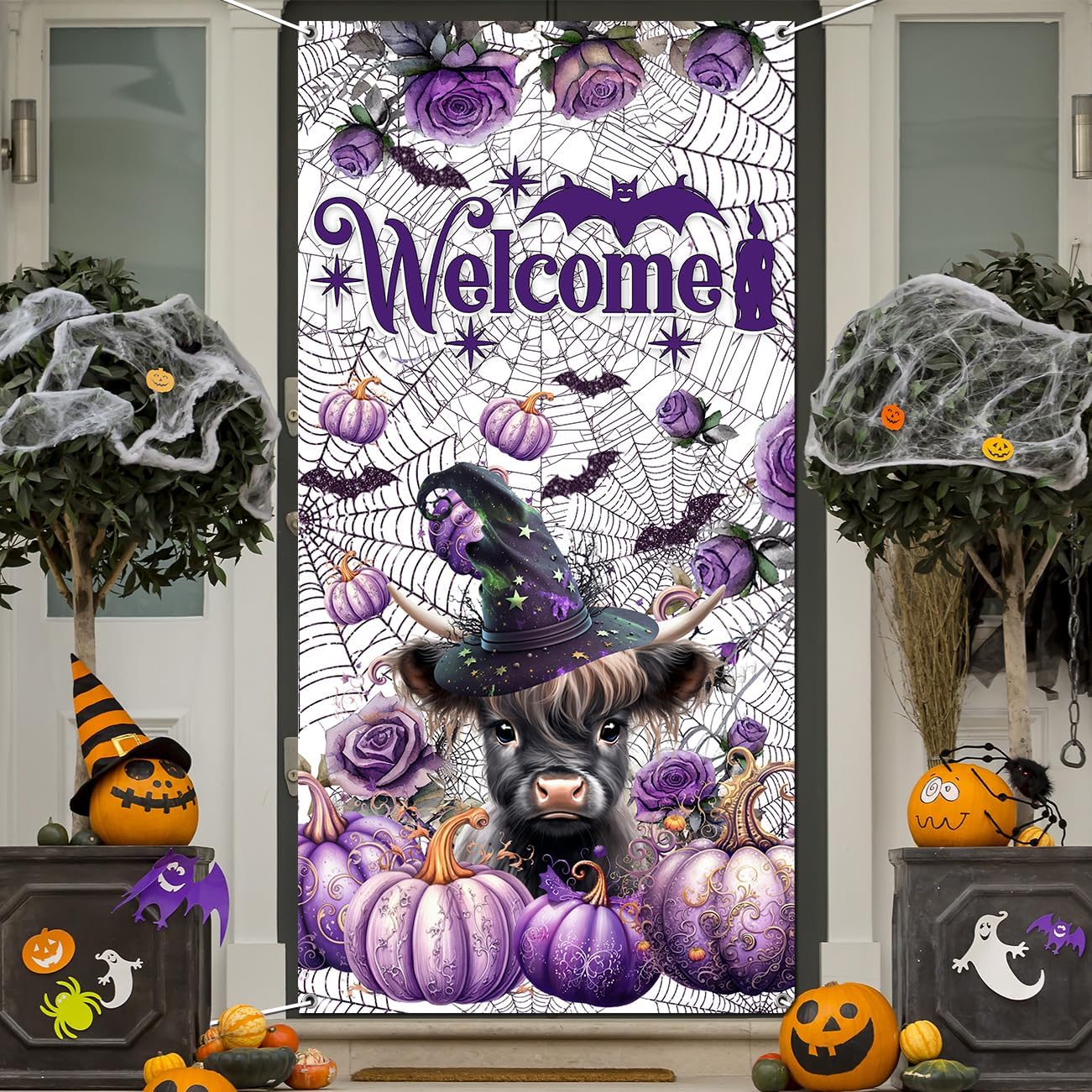 Decoraciones para puerta de Halloween, pancartas de bienvenida de Halloween, vaca de las tierras altas con sombrero de bruja, calabaza morada,