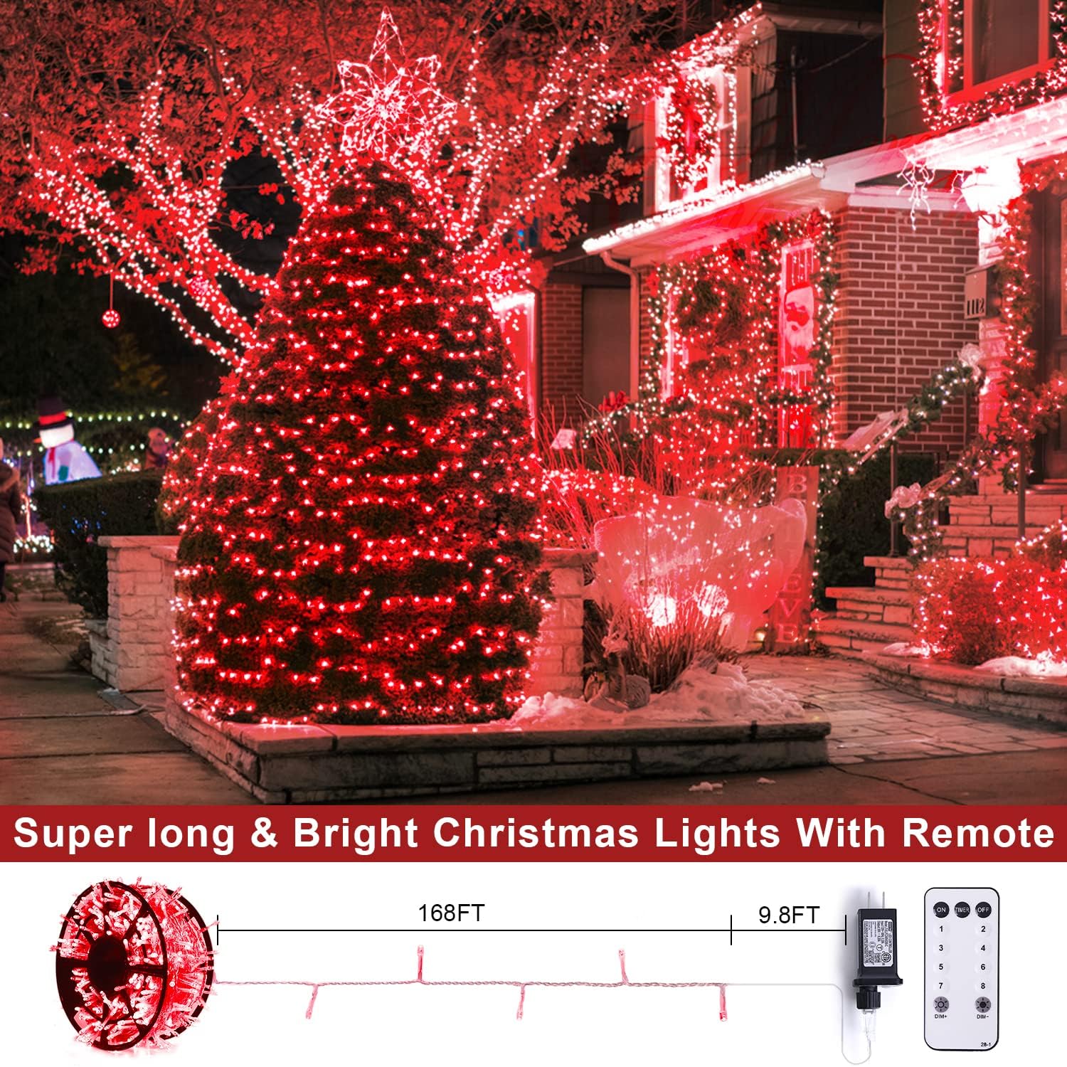 JMEXSUSS Guirnalda de luces LED de 168 pies, 600 luces LED para el día de San Valentín, luces rojas de Navidad con alambre transparente, 8 modos de