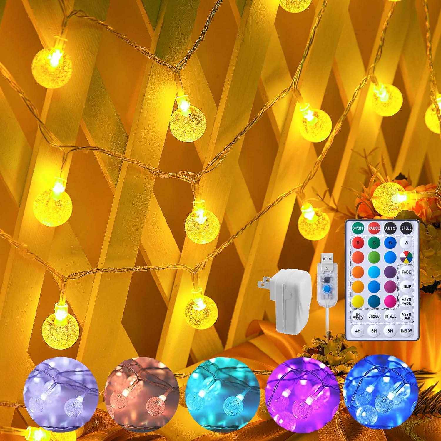 Tira de luces de globo de cristal, 33 pies, 100 luces LED USB cambian de color con control remoto y temporizador, resistente al agua para