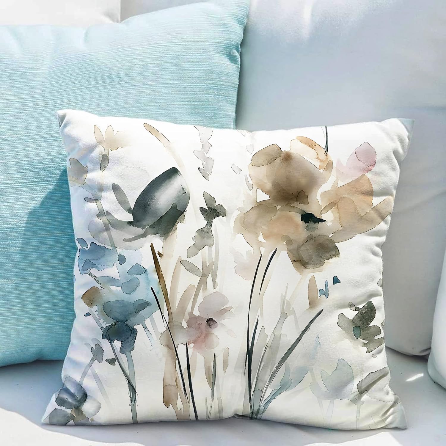 Juego de 2 fundas de almohada florales de color marrón, crema, gris, verde azulado, para sofá de flores en acuarela de 22 x 22 pulgadas, fundas de
