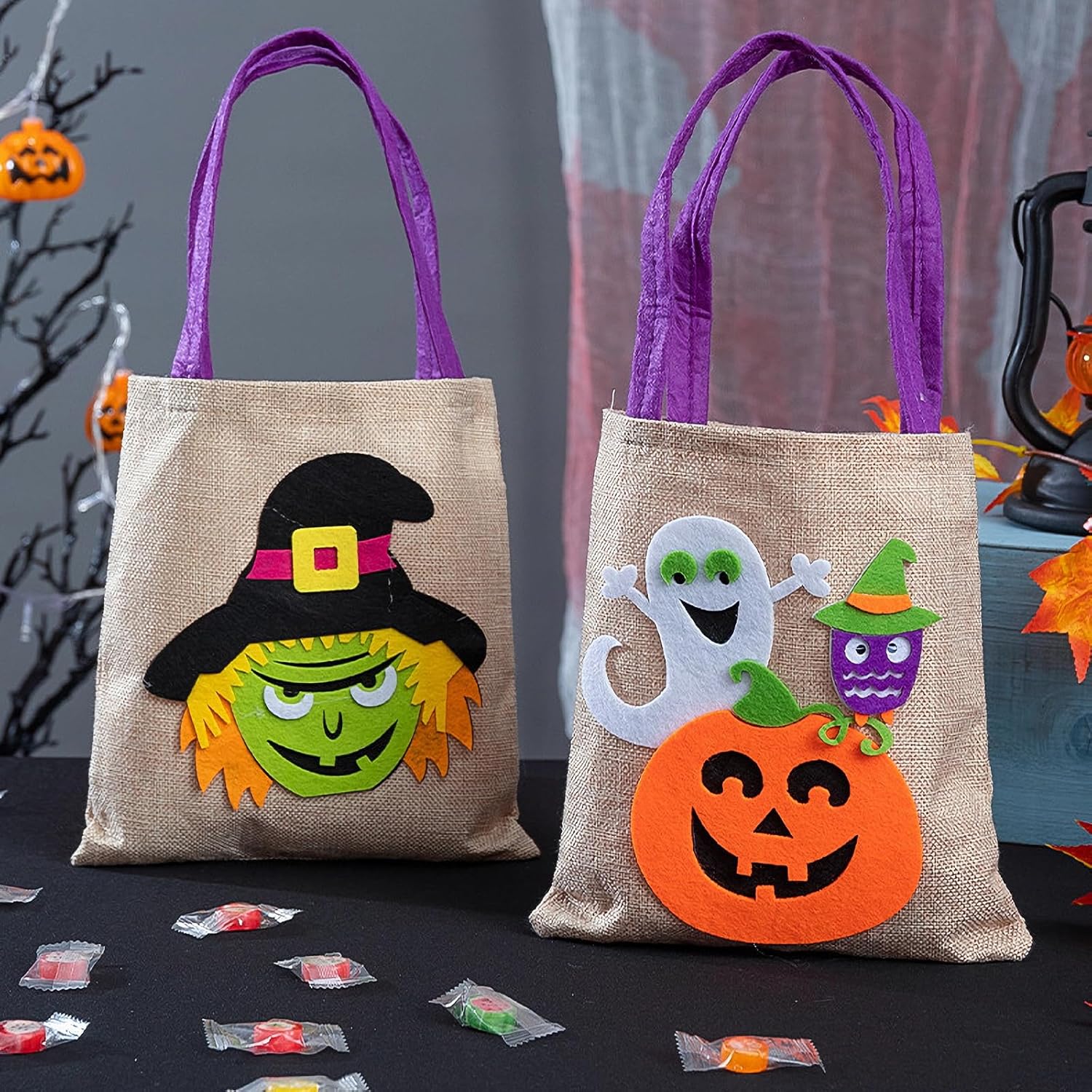 YJUBAOA Paquete de 8 bolsas de golosinas de Halloween con asas para dulce o truco, bolsas de arpillera para fiesta, bolsas pequeñas reutilizables de