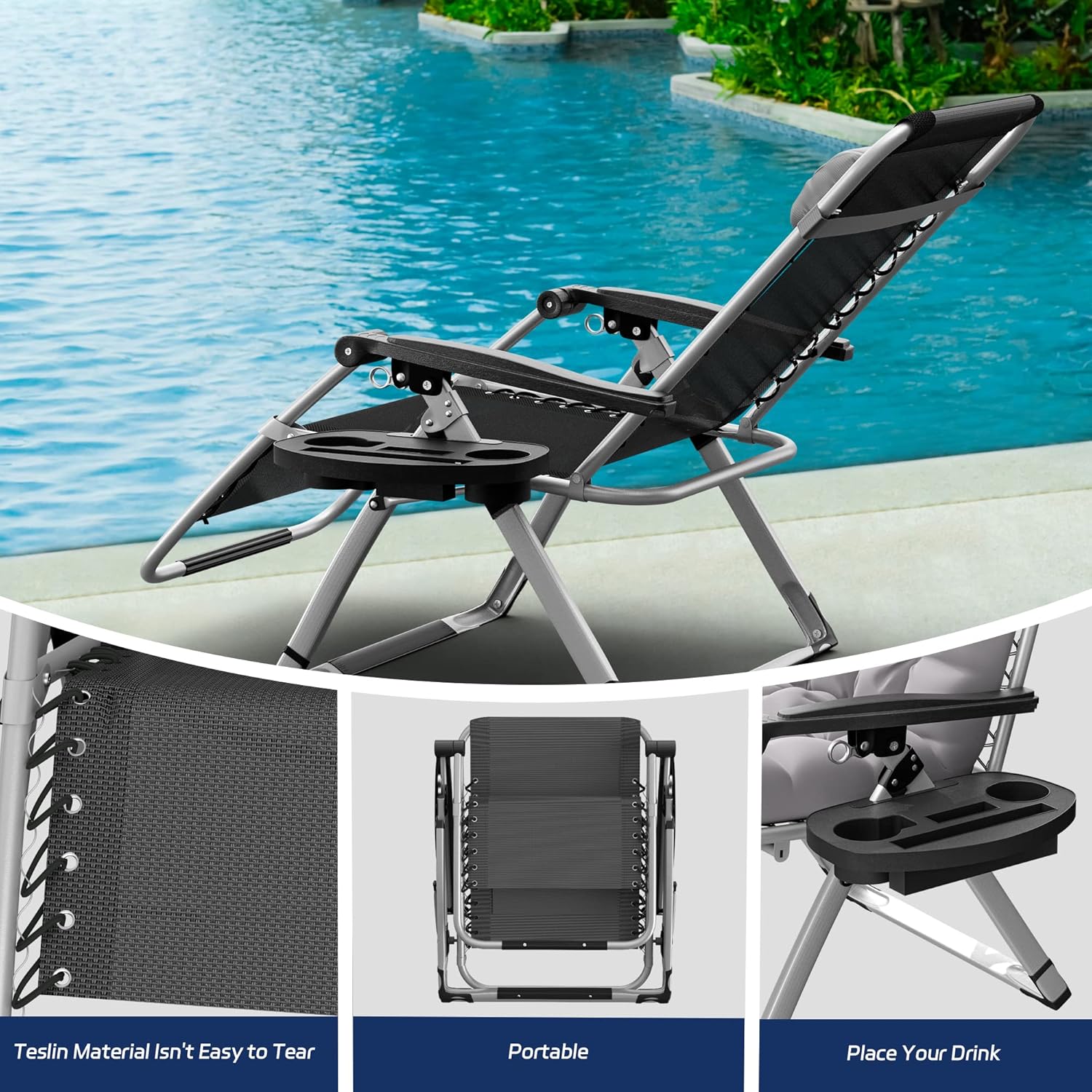 Elevens Silla de gravedad cero de gran tamaño, silla reclinable de 28 pulgadas con cojín y bandeja extraíbles, silla de patio con reposacabezas