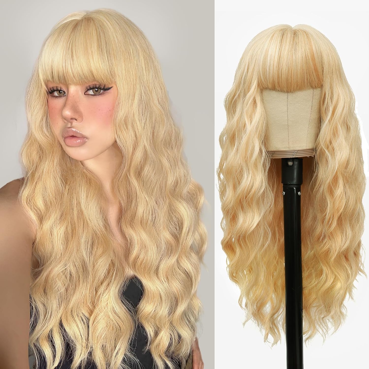 VERNA Peluca rubia con flequillo, pelucas rubias de 26 pulgadas de largo para mujer, peluca ondulada rubia de aspecto natural, peluca sintética