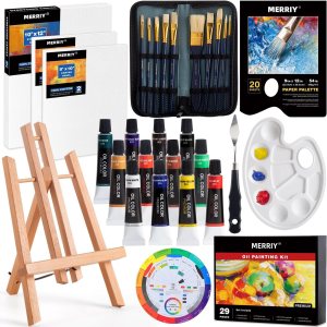 MERRIY Juego de pintura al óleo para artistas, kit de suministros de pintura premium con caballete de mesa, pinturas al óleo de 12 colores, lienzo MERRIY Juego de pintura al óleo para artistas, kit de suministros de pintura premium con caballete de mesa, pinturas al óleo de 12 colores, lienzo