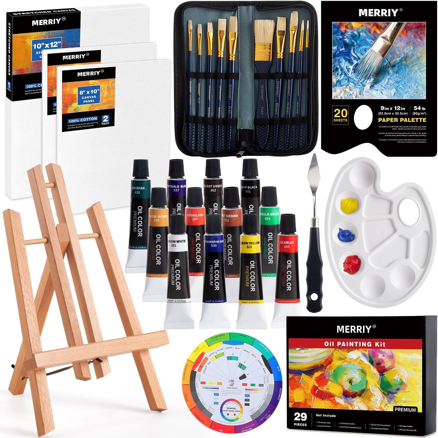 MERRIY Juego de pintura al óleo para artistas, kit de suministros de pintura premium con caballete de mesa, pinturas al óleo de 12 colores, lienzo