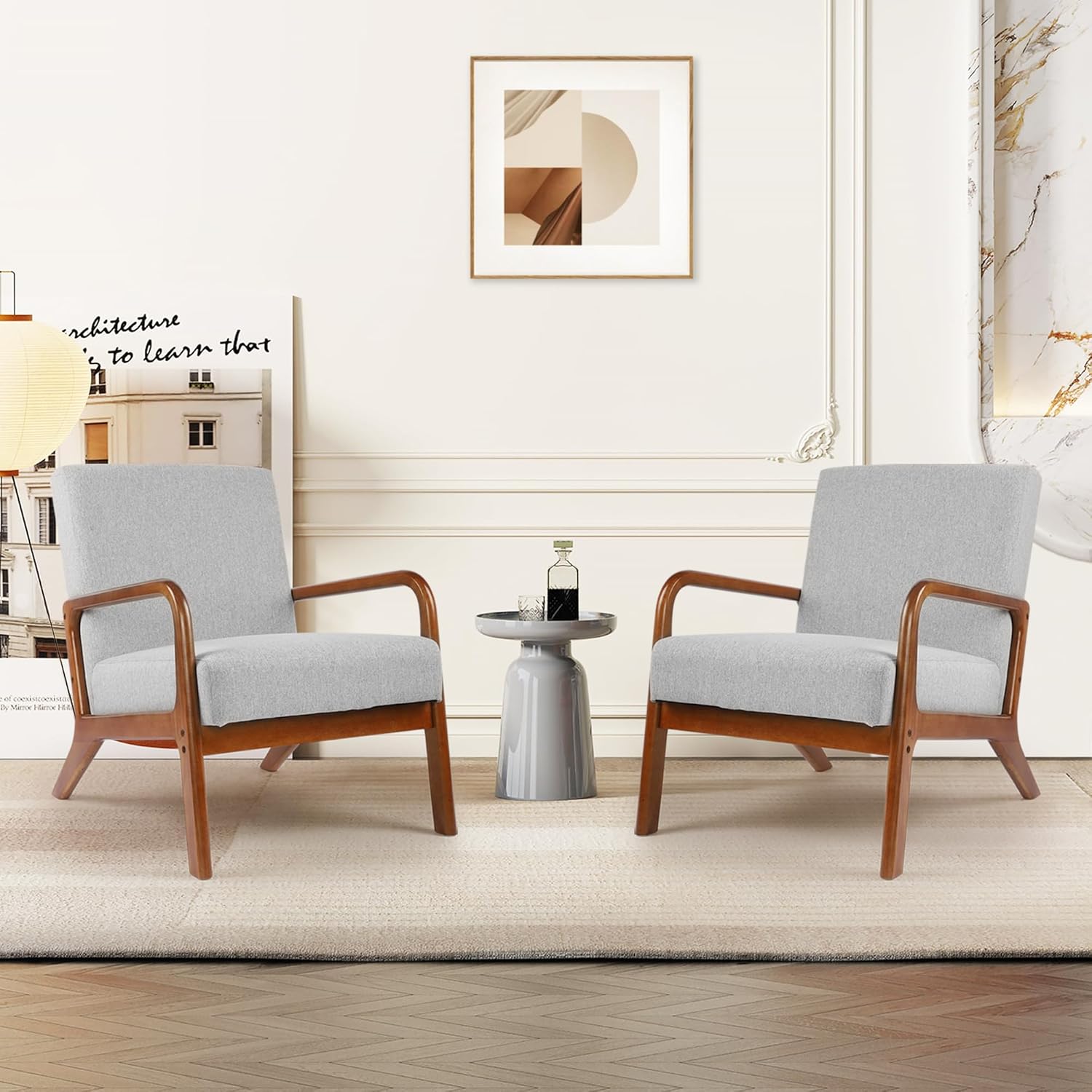 thksbought Sillas decorativas con sillas modernas de madera, sillas laterales de tela, sofá individual para sala de estar, dormitorio (2, gris claro)