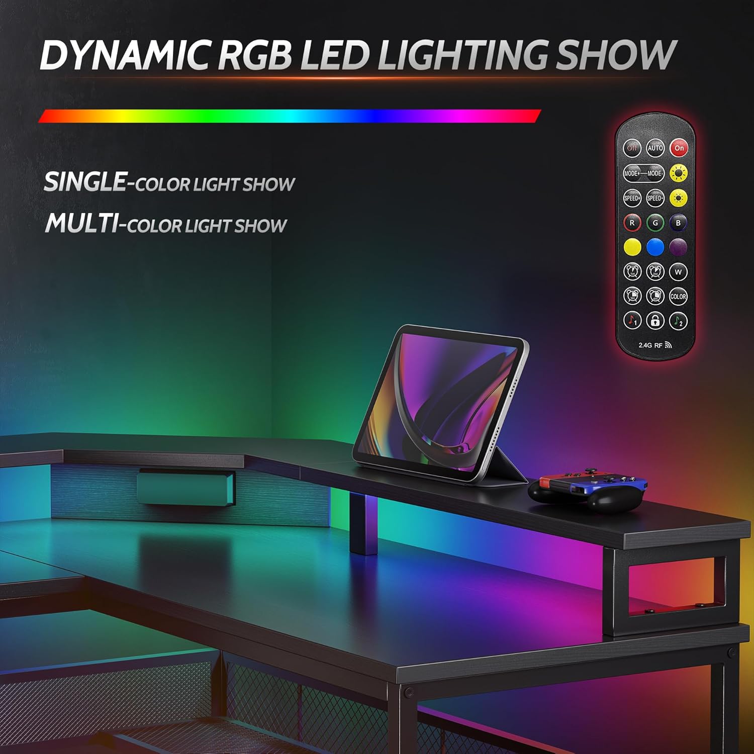 CubiCubi Escritorio para juegos en forma de L con luces LED y tomas de corriente, escritorio esquinero reversible de 58 pulgadas con estantes de