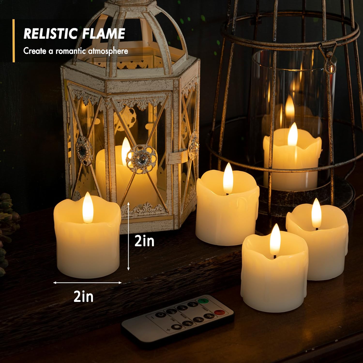 Velas votivas sin llama, velas LED sin goteo de 2 x 2 pulgadas con dos controles remotos, velas parpadeantes de cera real, paquete de 12 velas