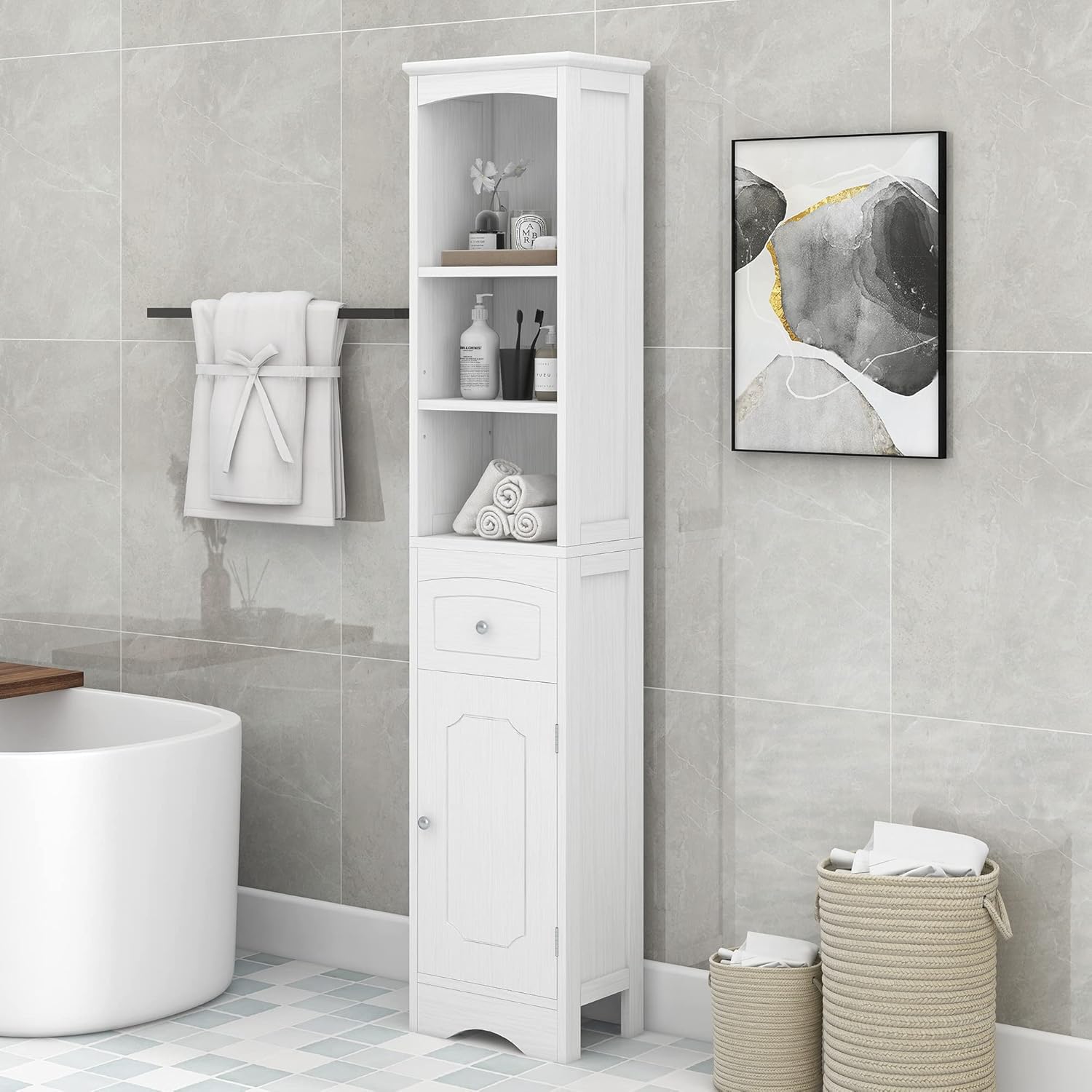 Armario de almacenamiento alto para baño con 5 estantes y cajón de almacenamiento, armarios de baño de 67 pulgadas de alto independientes, gabinete