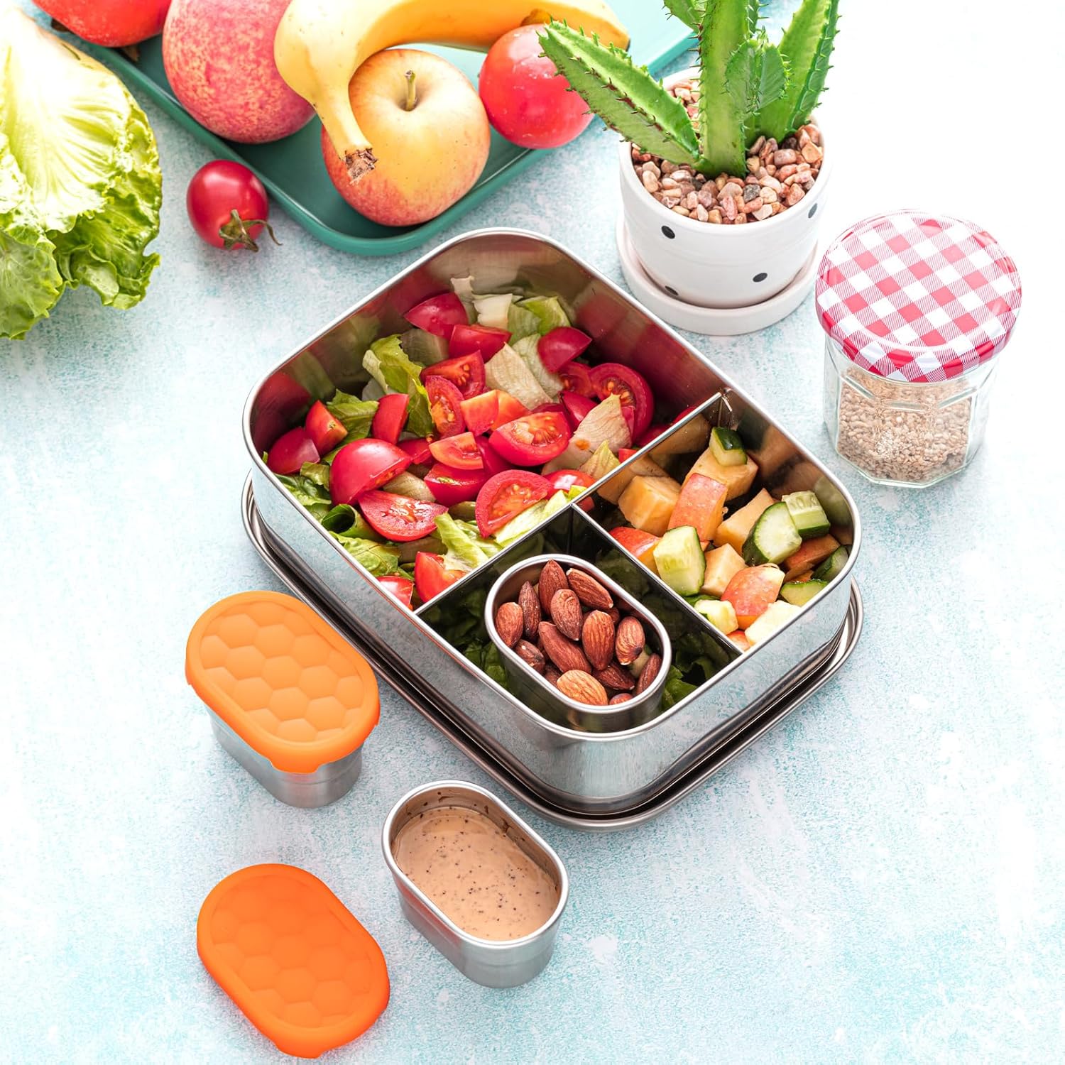 Nitial Juego de 4 recipientes de alimentos de acero inoxidable con tapas, juego de 3 secciones para control de porciones, 3 recipientes