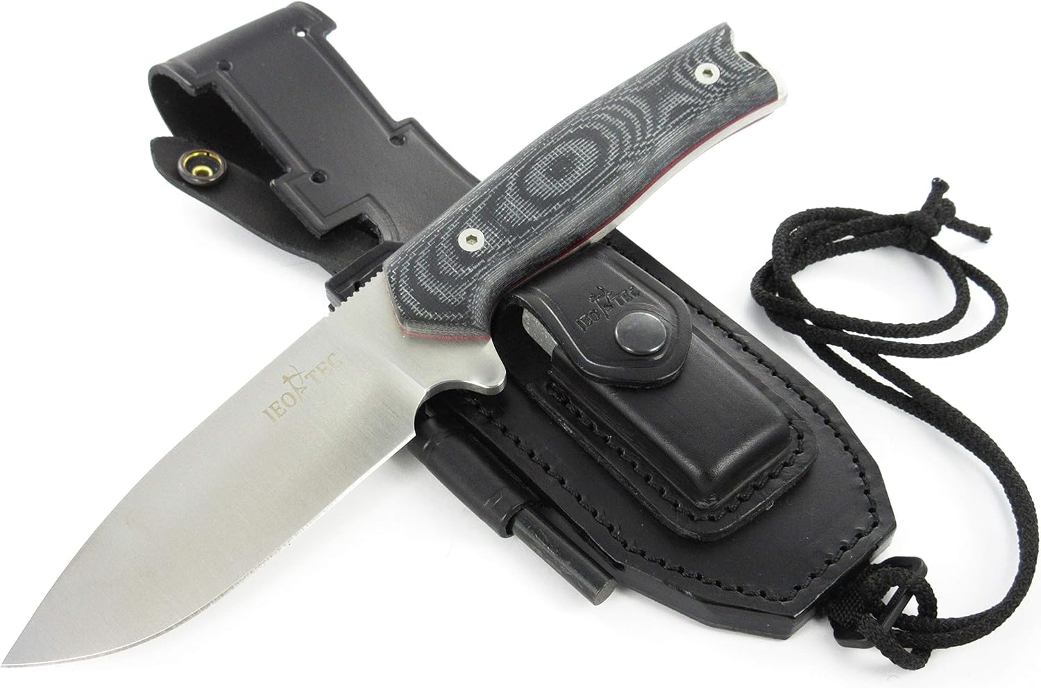 JEO-TEC N21 Bushcraft Survival Hunting Cuchillo táctico de hoja fija – BOHLER N690C acero inoxidable, funda de cuero multiposición, piedra afiladora