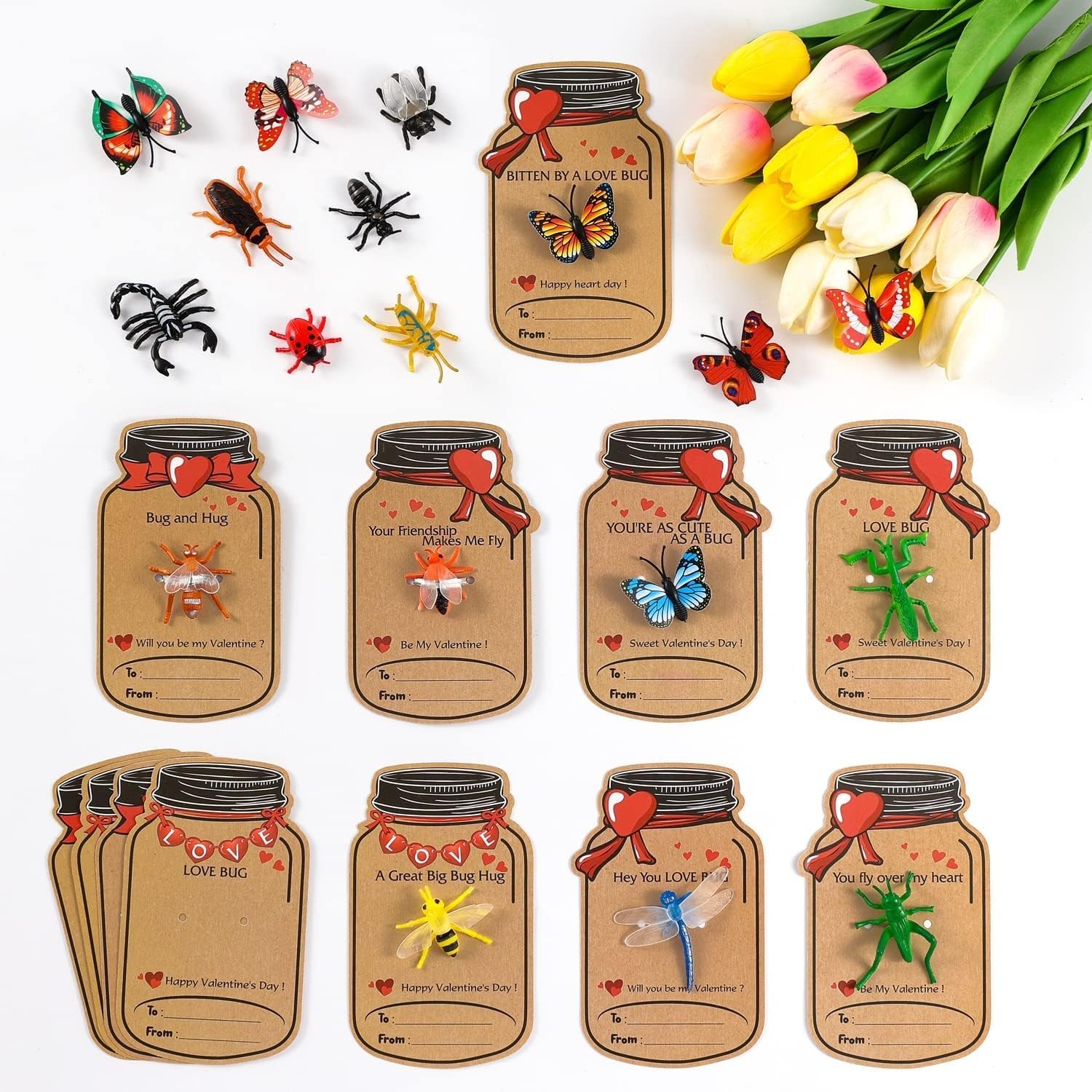 Tarjetas del día de San Valentín para niños, paquete de 36 regalos para el día de San Valentín para niños y 12 insectos de juguete diferentes,