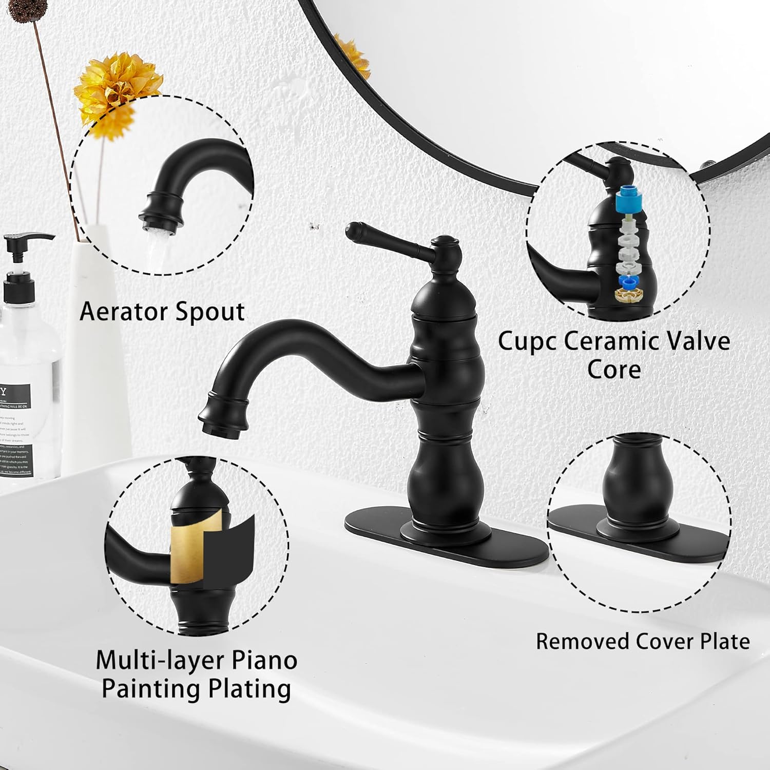 GGStudy – Grifo de baño negro mate giratorio de 360, grifo de tocador de baño de una sola manija, un agujero, grifo de lavabo de baño negro a juego
